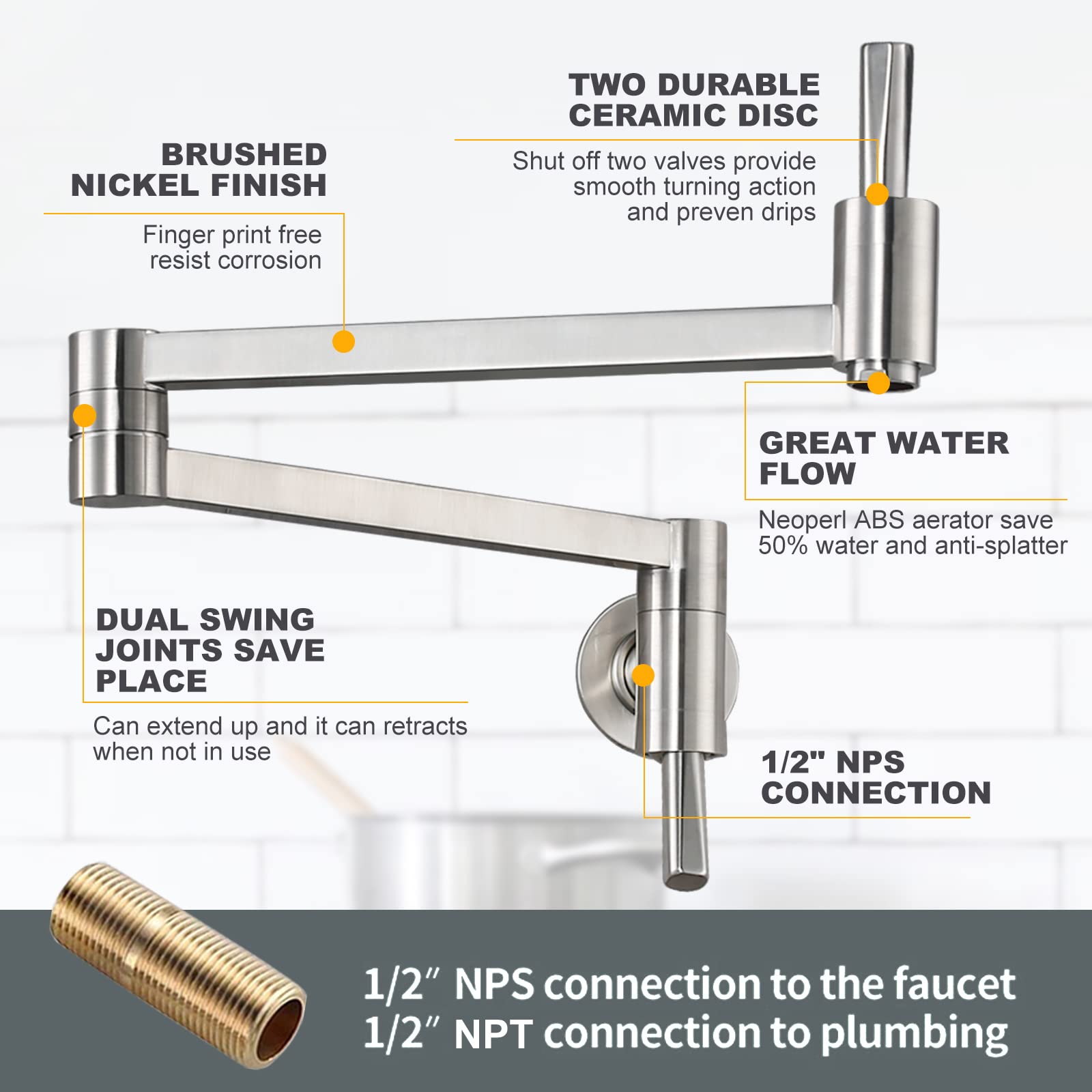 WOWOW Brass Pot Filler Faucet - Wall Mount Kitchen Sink Faucet with Folding Stretchable Double Joint Swing Arm in Brushed Nickel - Perfect for Cooking, Filling Large Pots & Easy Kitchen Cleanup