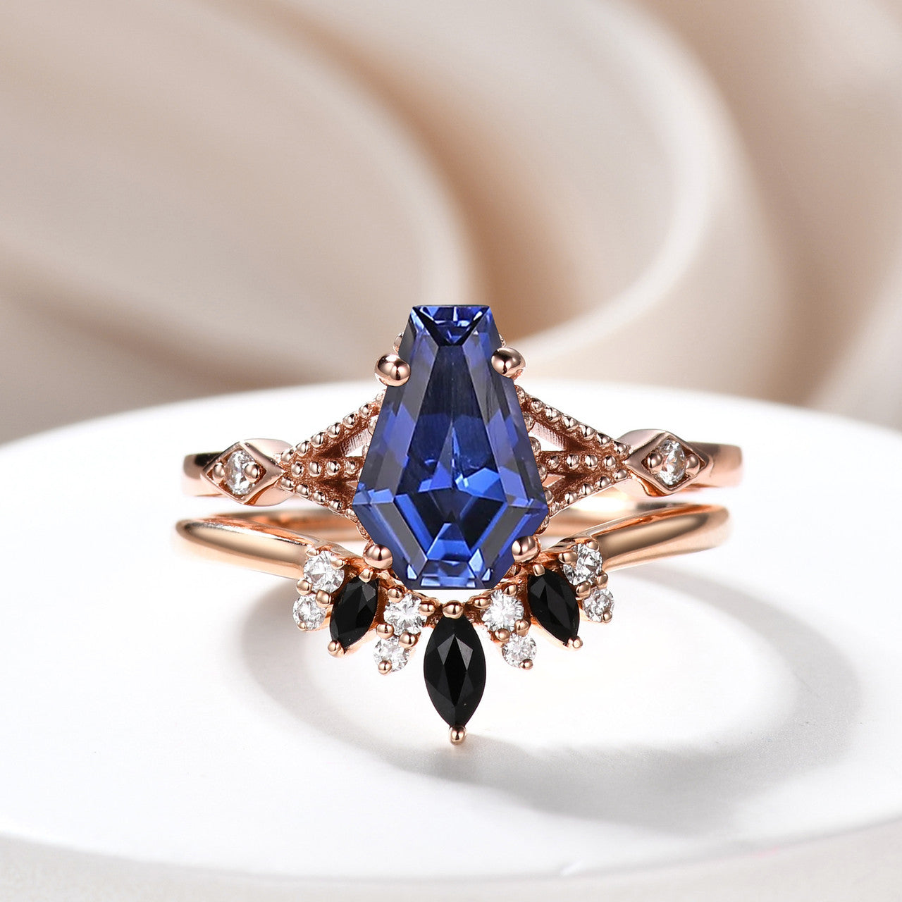 Gothic Blue Sapphire 9x6mm Coffin Cut Statement Ring Set in 18K Rose Gold - Art Deco Bridal Jewelry for Weddings, Anniversaries & Gothic Fashion