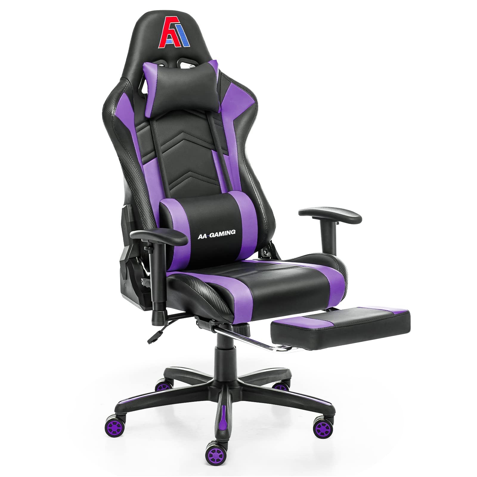 AA Products Ergonomic Gaming Chair - High Back Racing Style Computer Chair with Adjustable Lumbar Support, Footrest & 360° Swivel (Black-Purple) - Perfect for Esports, Streaming & Home Office Workstations