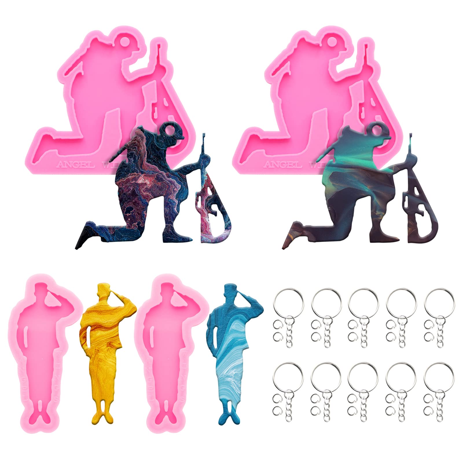 64Pcs Silicone Resin Molds Kit for DIY Crafts - 4 Shiny Soldier Shape Epoxy Casting Molds, Keychain Molds, Jump Rings - Perfect for Making Unique Backpack Charms, Jewelry Pendants & Polymer Clay Creations | Great for Gift Making, Home Decor & Craft Projects