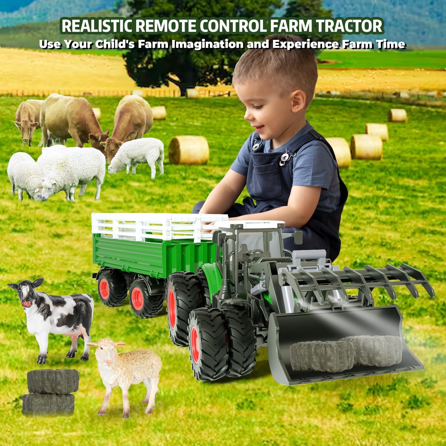 2.4GHz Remote Control Tractor Toy Set for Kids Ages 3-7 - Farm Vehicle with Trailer, Loading Arm & LED Lights - Includes Farm Animals (Cows, Sheep) & Hay Bales - Perfect for Indoor/Outdoor Play, Birthday Gifts & Educational Farm Role-Playing