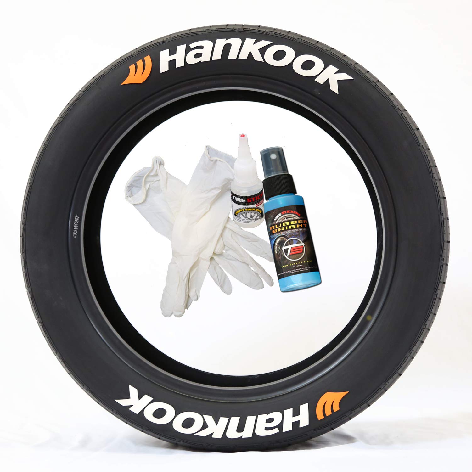 Hankook Tire Stickers with Orange Logo - DIY Permanent Rubber Tire Lettering Kit Includes Glue & 2oz Touch-Up Cleaner for 14-16 Inch Wheels (1.50 Inches, White, 8 Pack) - Perfect for Car Enthusiasts & Custom Vehicle Styling