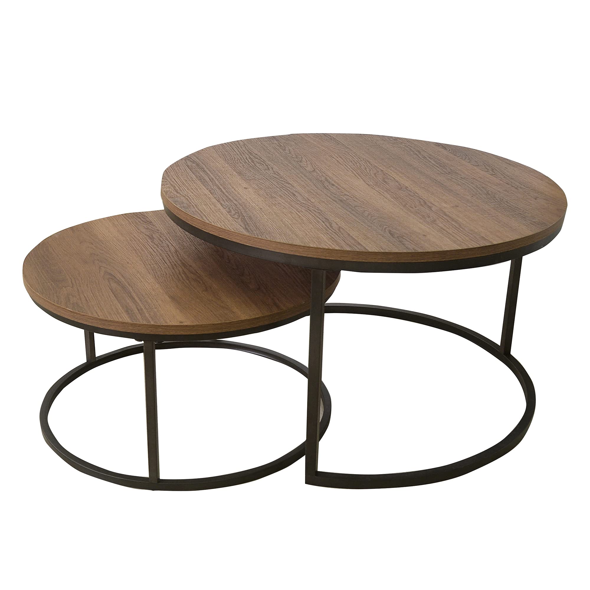 Nathan James Stella Round Modern Nesting Coffee Tables (Set of 2) - Stackable Living Room Accent Tables with Reclaimed Oak Tabletops & Matte Gunmetal Frame - Perfect for Small Spaces, Apartments and Cozy Living Rooms