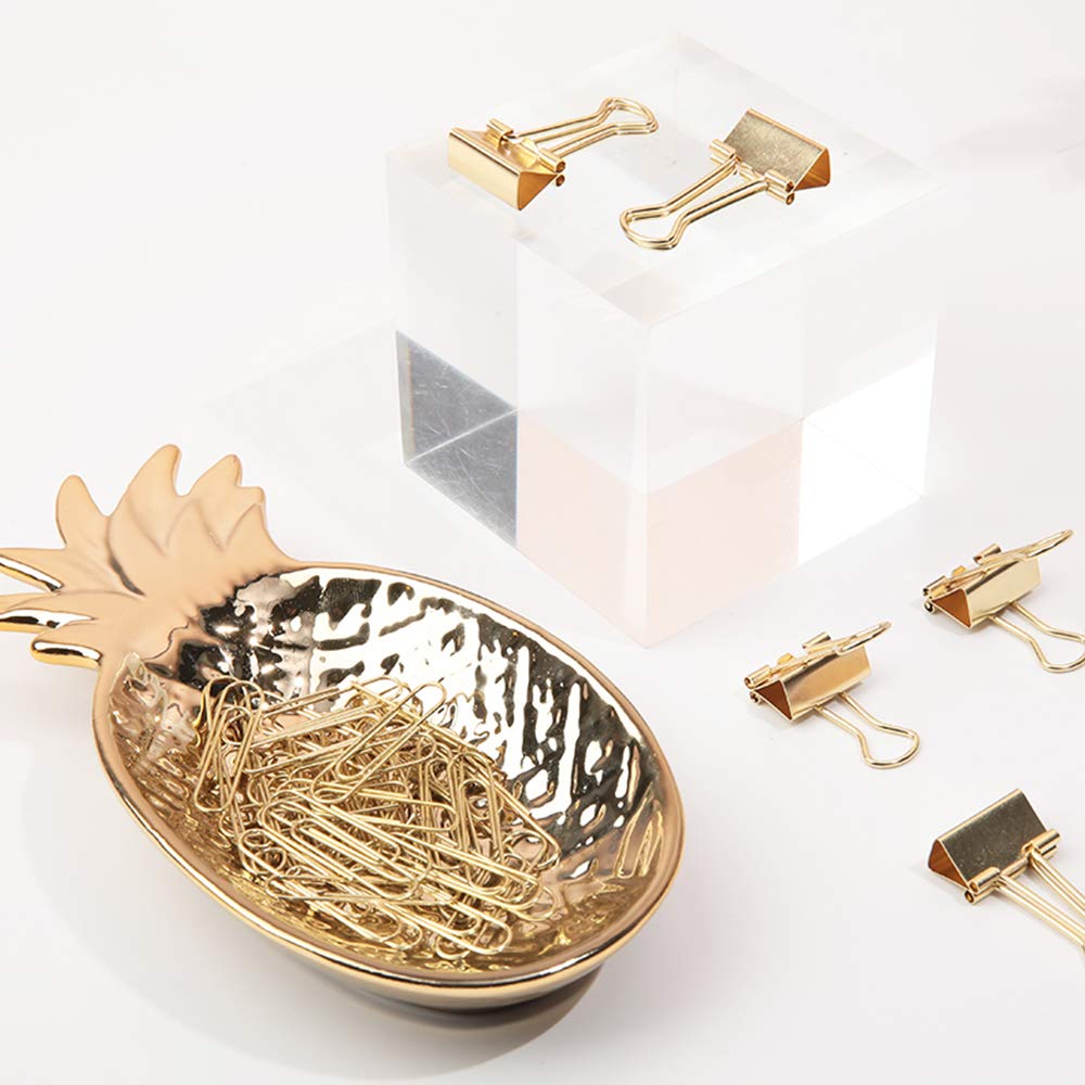 MultiBey Gold Paper Clips & Binder Clips Set with Ceramic Pineapple Tray - Cute Office Desk Organizer, Jewelry Holder, Home Decor Accessory for School, Office & Gift Giving