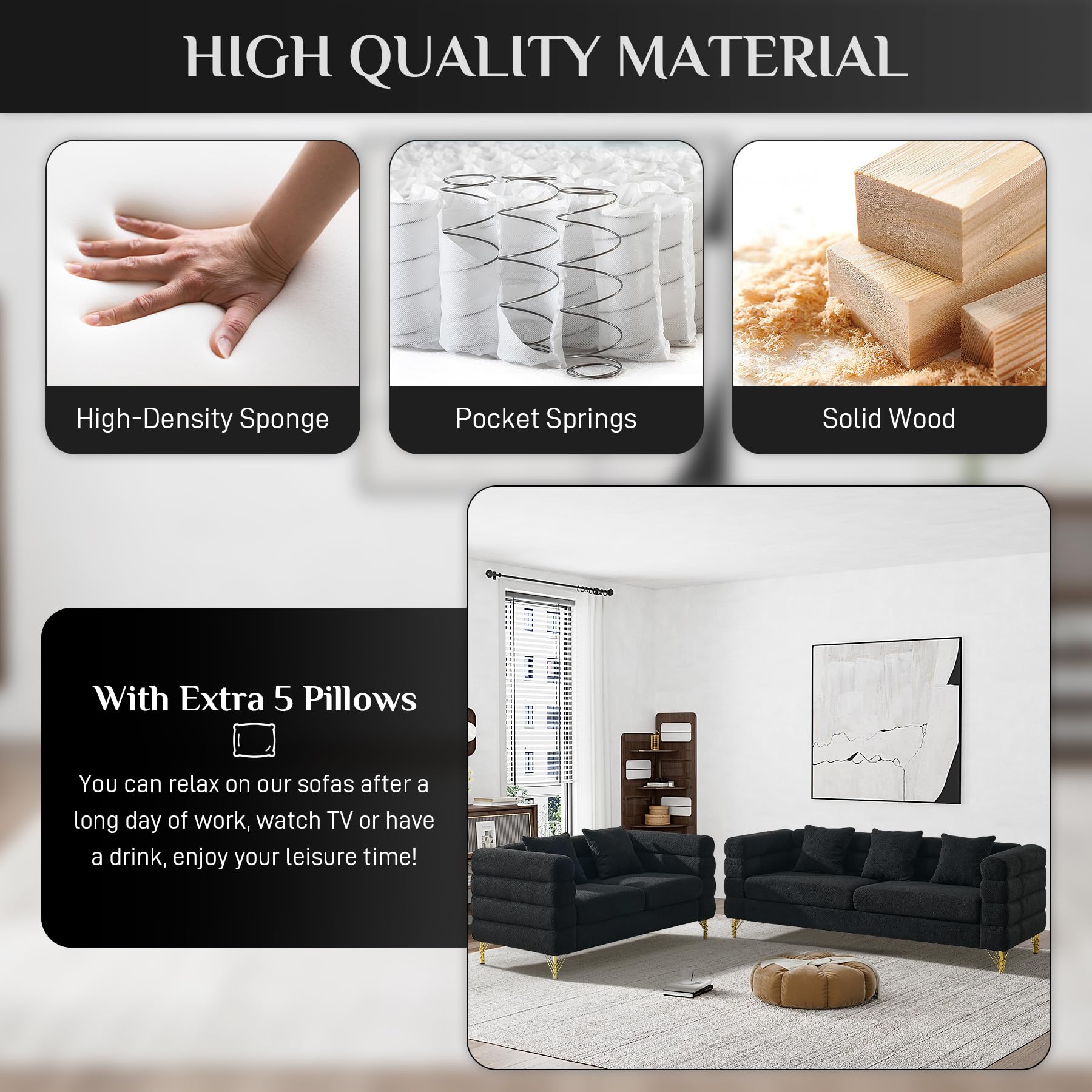 Modern Overstuffed Boucle Sherpa Deep Seat Cloud Couch & Loveseat Set with 5 Pillows - Oversized Chesterfield Sofa for Living Room, Bedroom - Black Teddy Fabric - Perfect for Cozy Lounging, Movie Nights & Small Space Decor