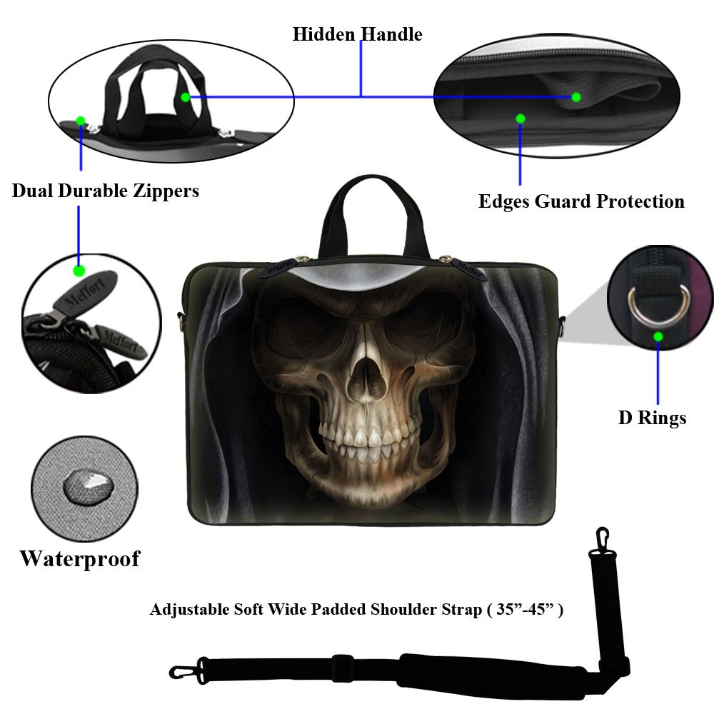 Meffort 15-15.6 Inch Neoprene Laptop Sleeve Case with Hidden Handle & Adjustable Strap - Skull Print Design for MacBook, Dell, HP - Perfect for School, Office & Travel