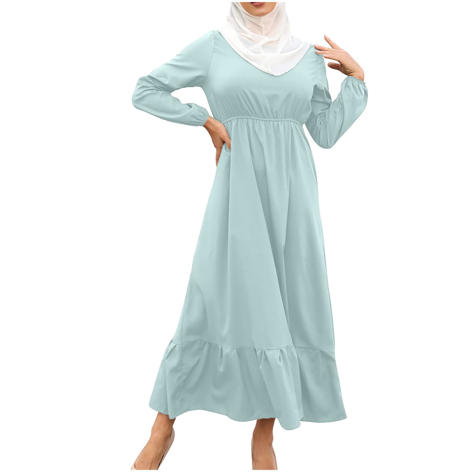 Women's Summer Sundress - Muslim Modest Long Sleeve Zipper Dress with Rosette Detail | Solid Color Sheath Dress in Tea Length (Petite Sizes Available) | Perfect for Beach, Mosque, and Special Occasions