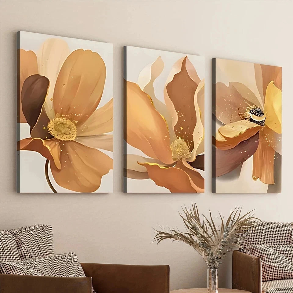 3Pcs Abstract Floral Wall Art Set - Elegant Yellow & Gold Framed Canvas Prints 50x70cm | High Quality Australian Made | Perfect for Living Room, Bedroom & Office Decor | Ready to Hang
