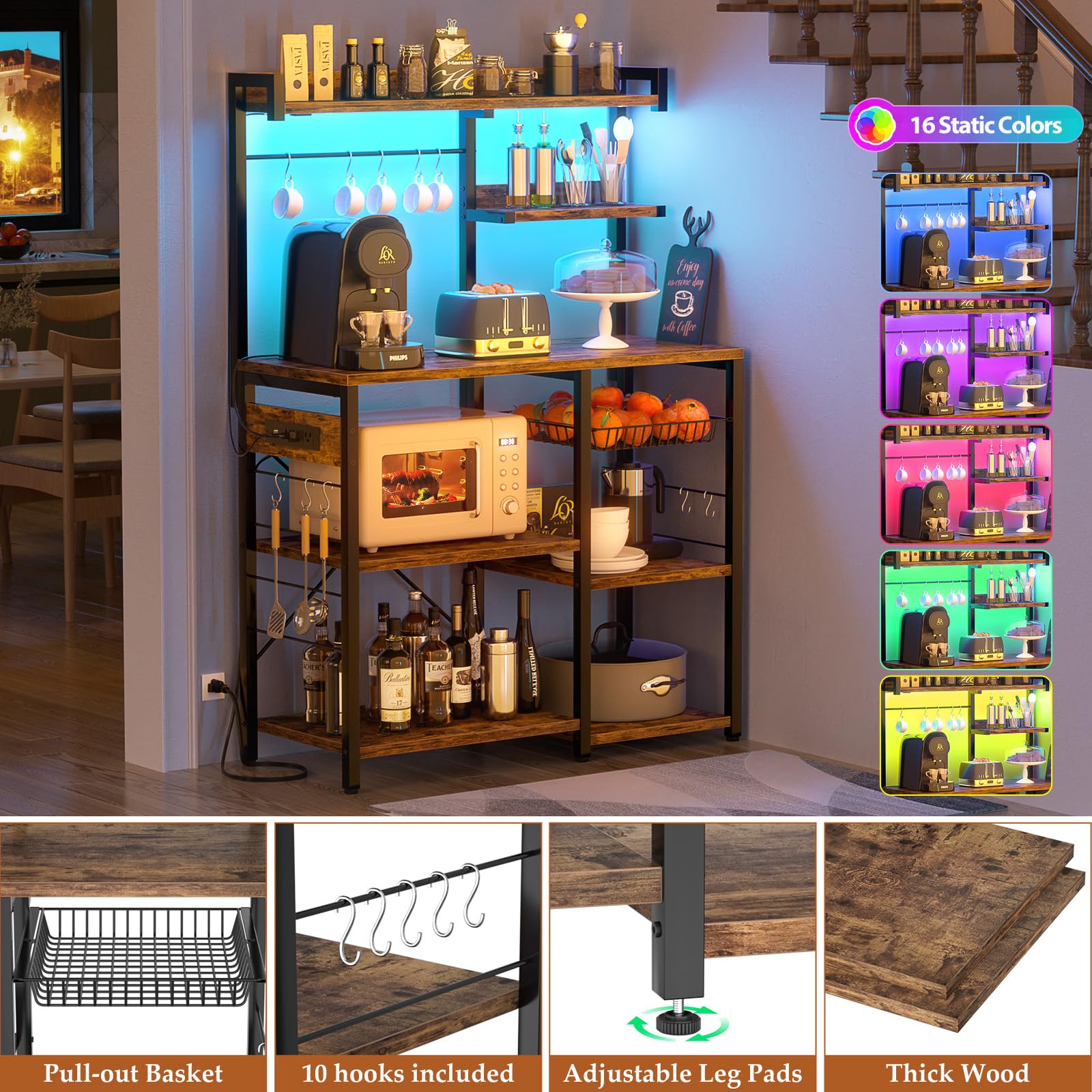 Aheaplus Rustic Brown Bakers Rack with Power Outlet & LED Lights - Microwave Stand, Kitchen Storage Shelf with Wire Baskets, Coffee Bar Station & 10 Hooks for Spices & Pots - Perfect for Small Kitchens, Apartments & Coffee Stations
