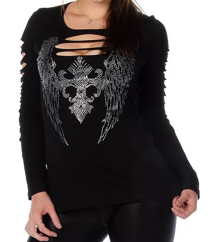 Dark Angel Long Sleeve Gothic T-Shirt for Women - Elegant Black Lace Top for Halloween, Cosplay & Gothic Fashion