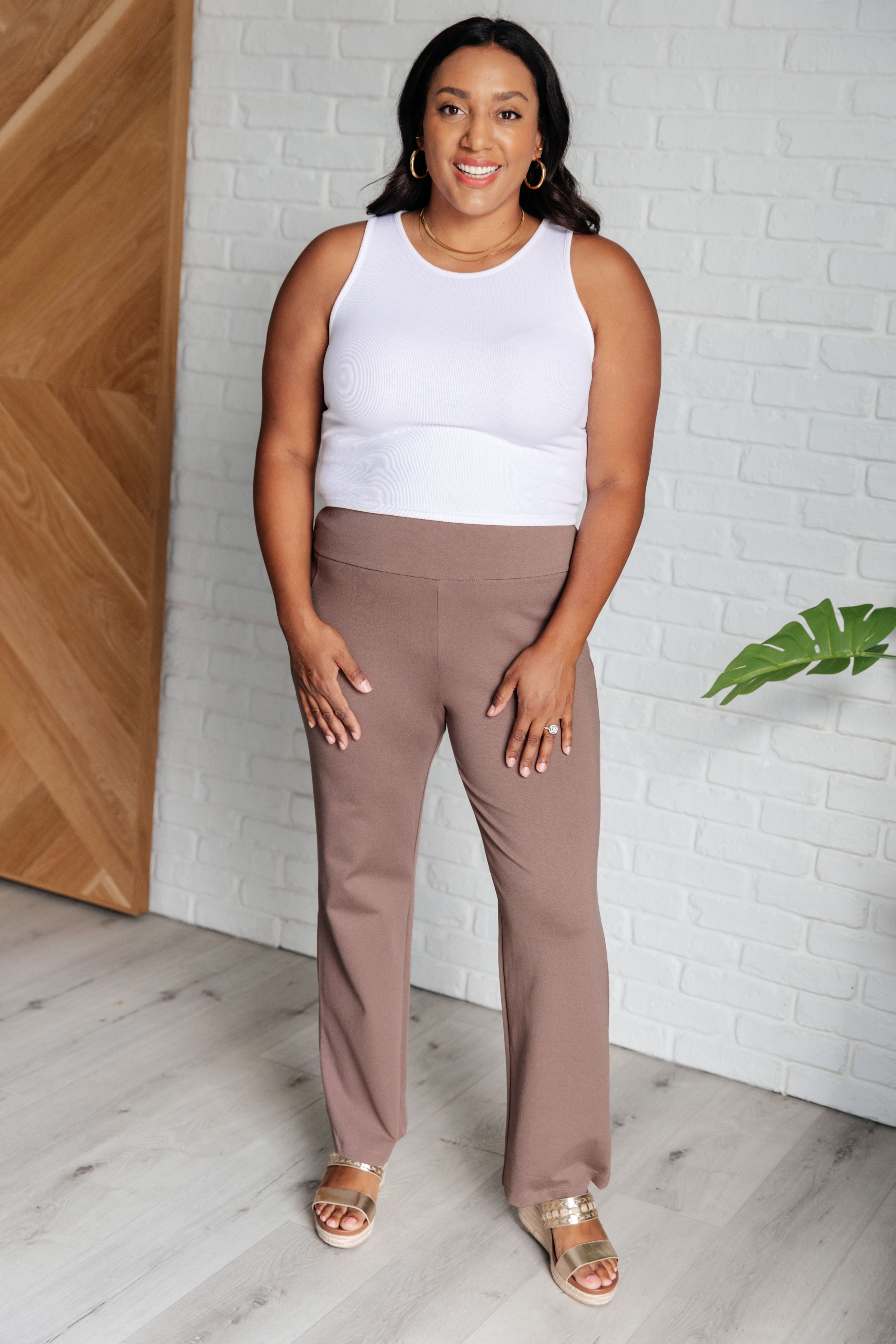 Magic Straight Leg Pants for Women - Dark Mocha Brown High Waisted Trousers | Office Wear, Casual Outfits & Everyday Comfort