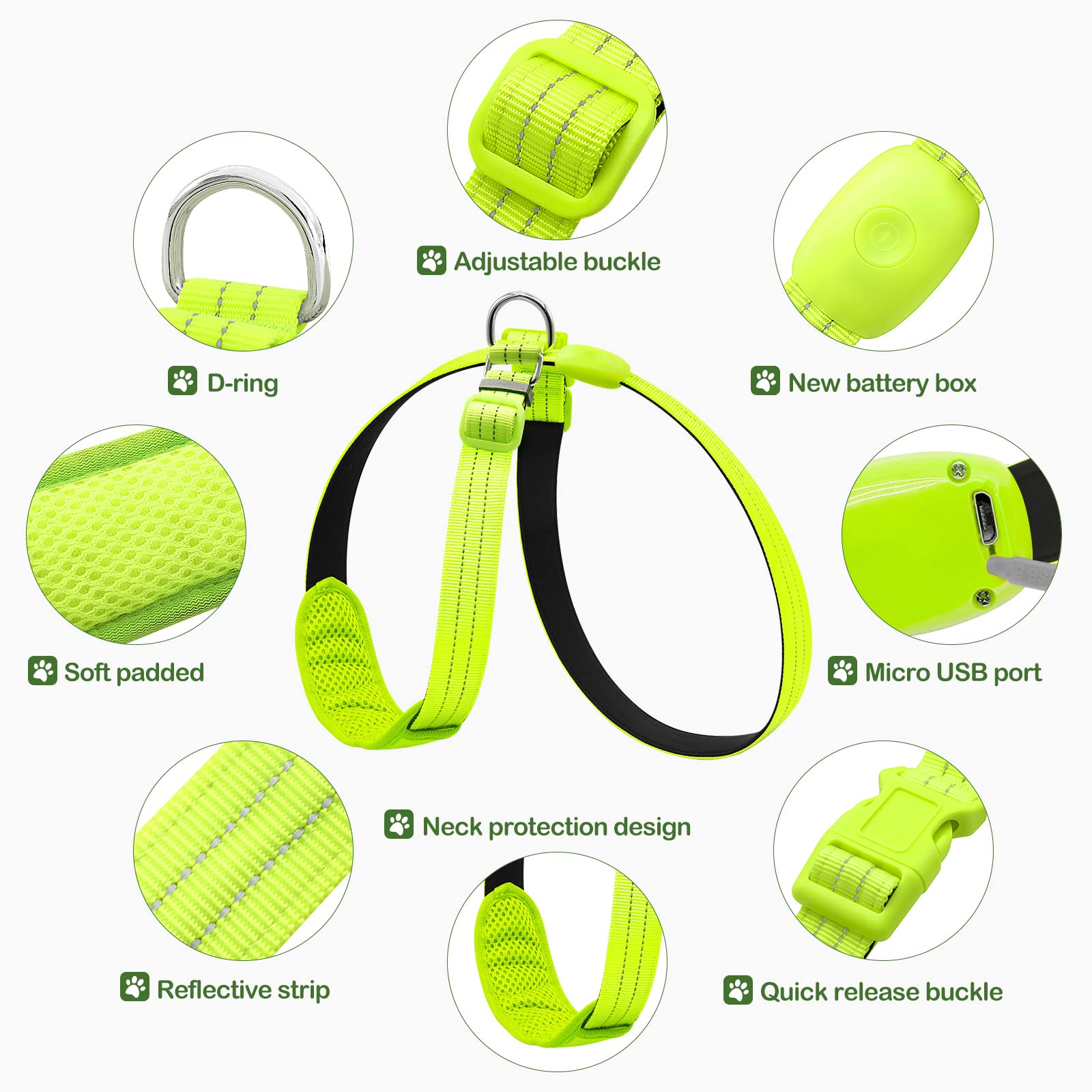 Rechargeable LED Dog Harness with Reflective Strips - Glow in The Dark Light Up Vest for Night Walking, Jogging & Outdoor Safety - Best for Small Medium Large Dogs