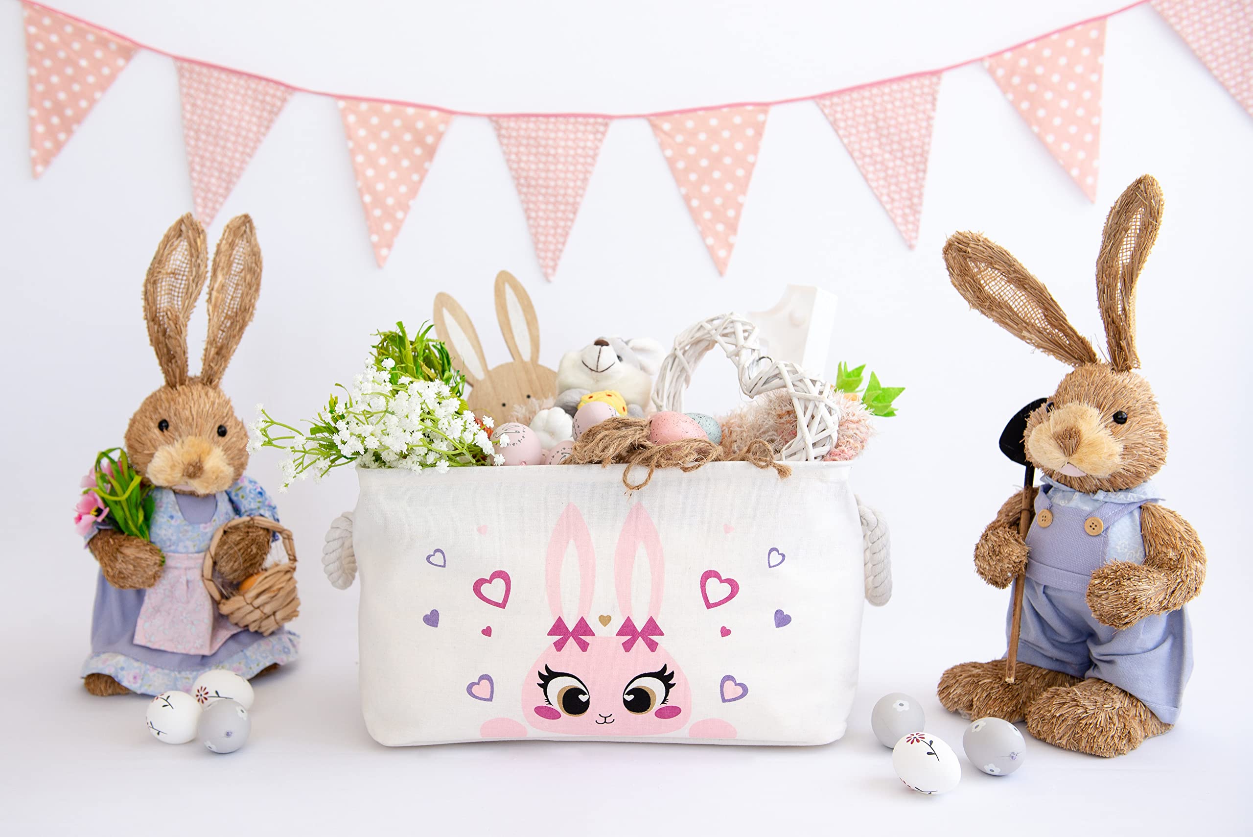Kazulo Pink Bunny Easter Basket - Rectangle Rabbit Easter Basket for Kids, Boys & Girls - Perfect for Easter Egg Hunts, Party Favors, and Spring Decorations