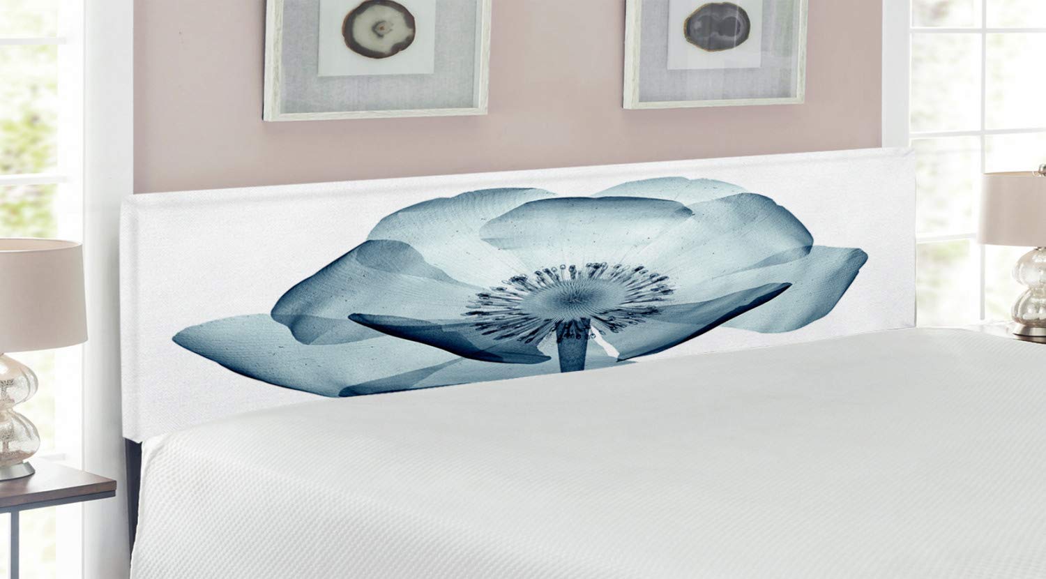 Ambesonne Floral Upholstered Headboard - King Size Teal & White Poppy Flower Design with Memory Foam | Decorative Metal Bed Frame Headboard for Master Bedroom, Guest Room & Home Decor