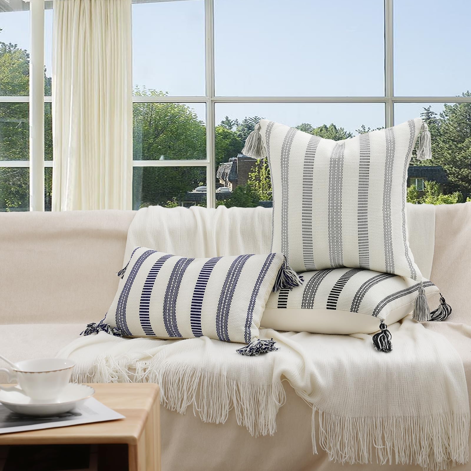 Smile Bee Spring Boho Outdoor Throw Pillow Covers Set of 2 - Decorative Woven Striped Cushion Covers with Tassels for Couch, Bed & Sofa (20x20 Inch, Grey & Cream White) - Perfect for Living Room, Patio & Boho Home Decor