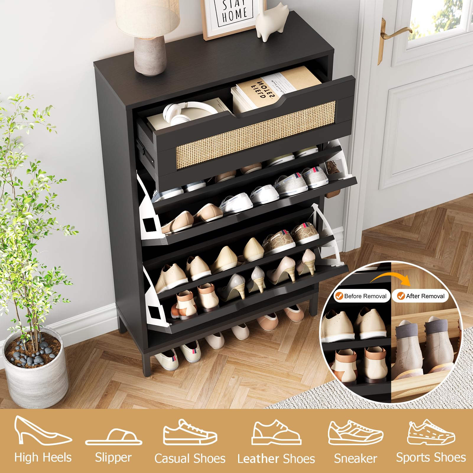 Modern Rattan Shoe Storage Cabinet - Narrow Entryway Shoe Organizer with 2 Flip Drawers, Free Standing Boho Style Shoe Rack for Hallway & Foyer - Perfect for Small Spaces & Hidden Shoe Storage (Black)