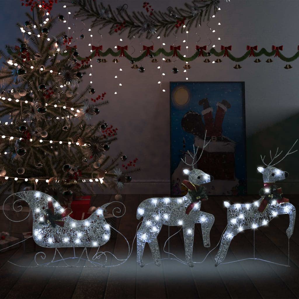 FAMIROSA 60 LED Silver Reindeer & Sleigh Christmas Decorations - Outdoor Patio, Backyard Holiday Decor for Home, Garden, and Front Yard | Weatherproof Xmas Light Display for Porch, Lawn, and Festive Party Decorating