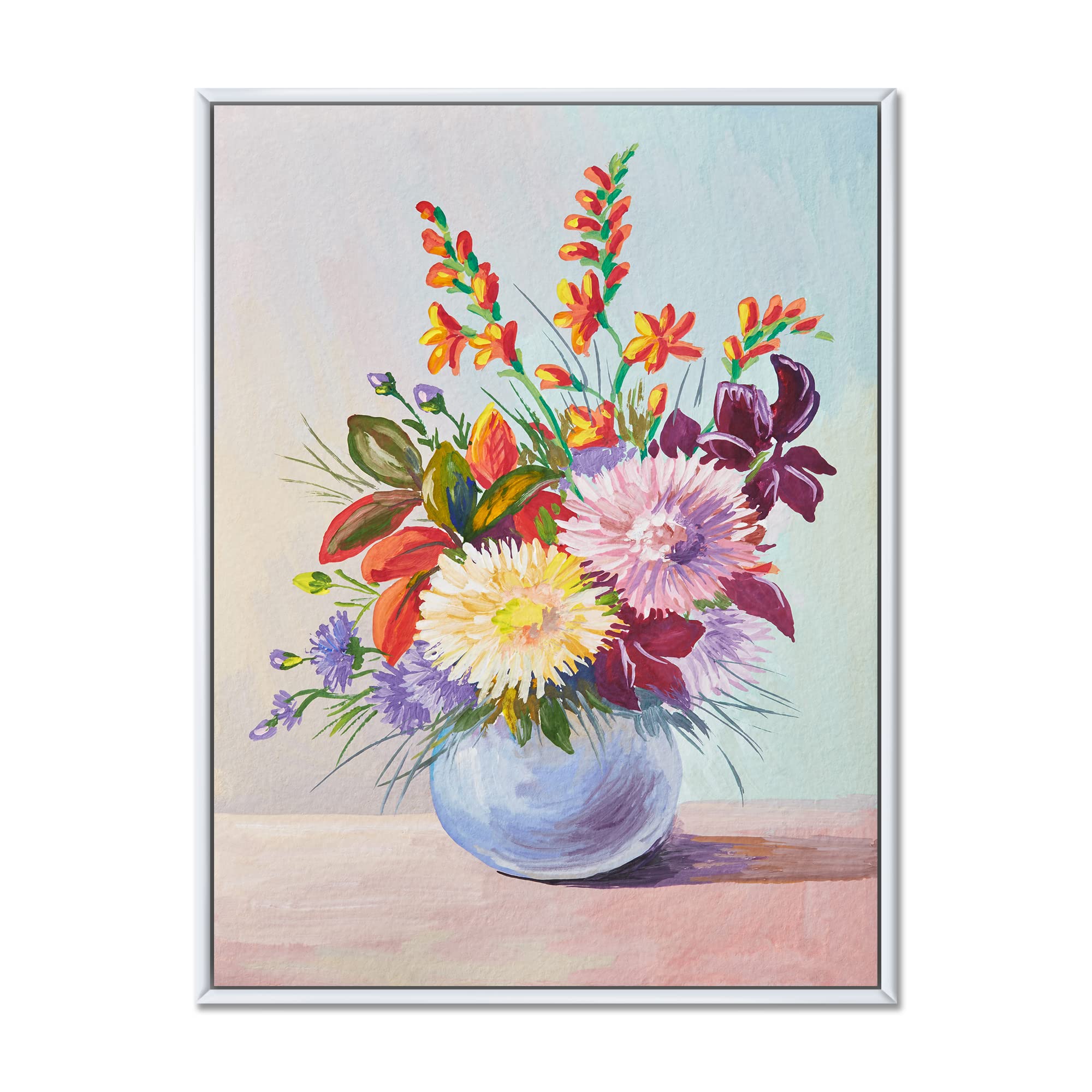 Still Life With Asters in White Vase - Traditional Framed Canvas Wall Art Print for Living Room, Bedroom & Office Decor
