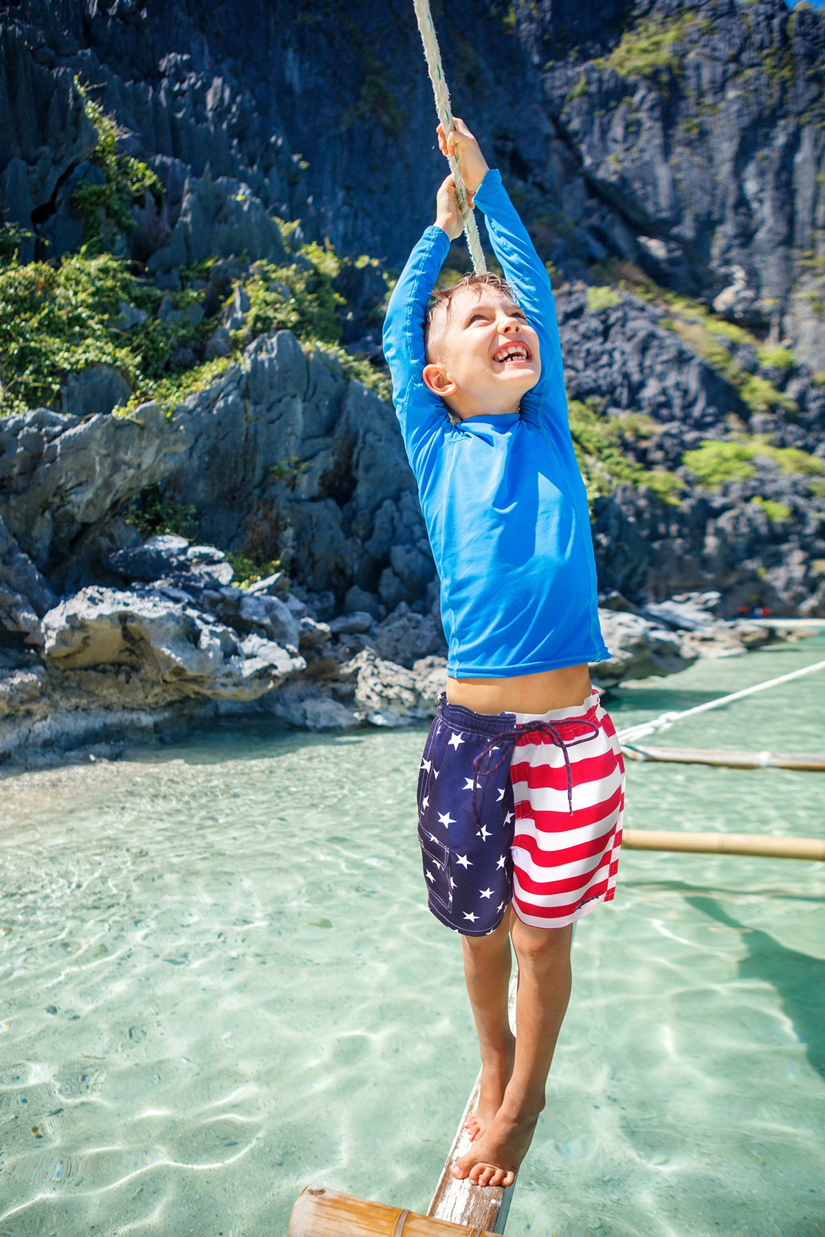 UZZI Boys Girls Swim Shorts Quick Dry American Flag Print - Perfect for Beach, Pool, and Summer Water Activities