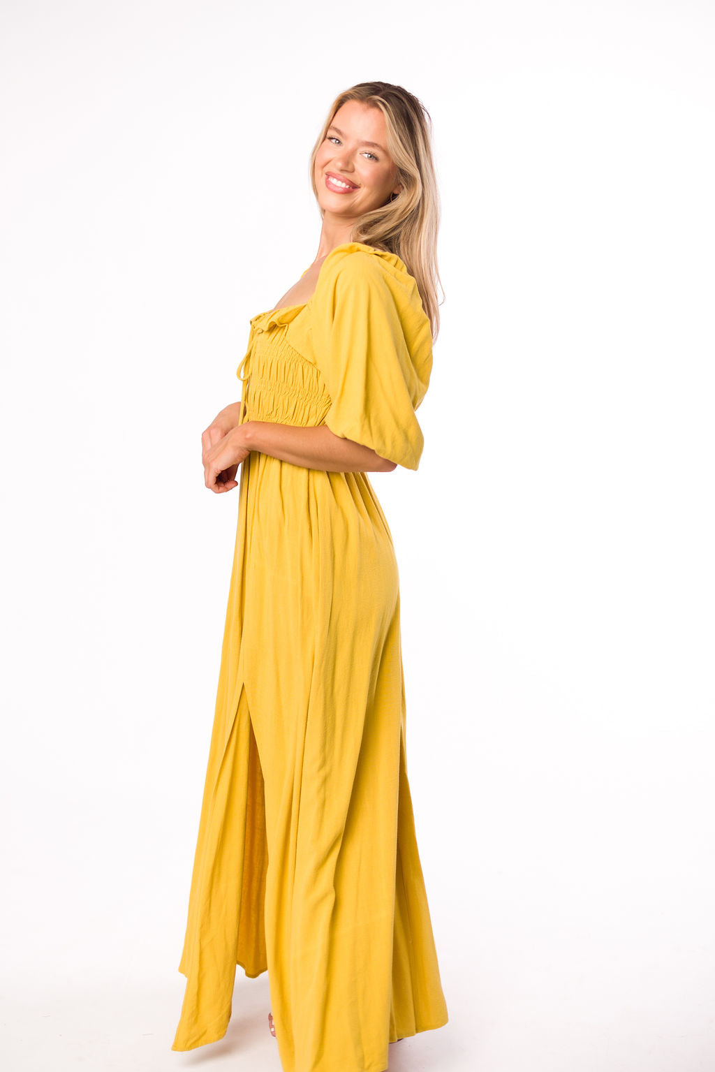 Devon Smocked Maternity Maxi Dress in Mustard Yellow - Bump Friendly Flowy Summer Dress for Pregnancy, Beach Vacations & Special Occasions
