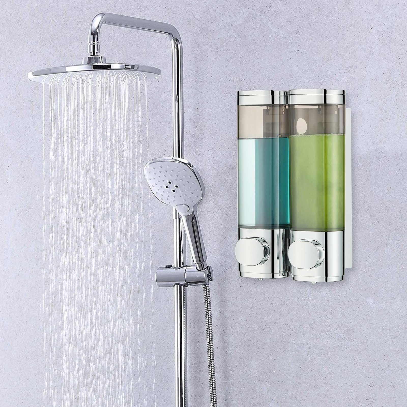 Wall Mounted Shower Shampoo Dispenser - 2 Chamber No Drill Bathroom Organizer for Shampoo, Conditioner & Body Wash - Large Capacity Chrome Finish - Perfect for Spa, Gym & Home Bathroom Storage