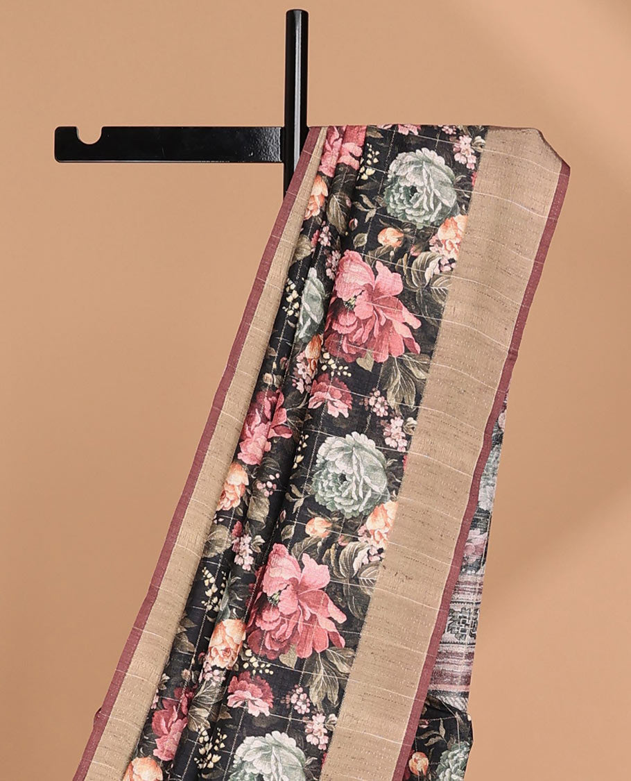 Elegant Black Digital Floral Print Semi Tussar Saree with Kicha Zari Border - Indian Traditional Dress for Women - Perfect for Weddings, Festivals & Special Occasions
