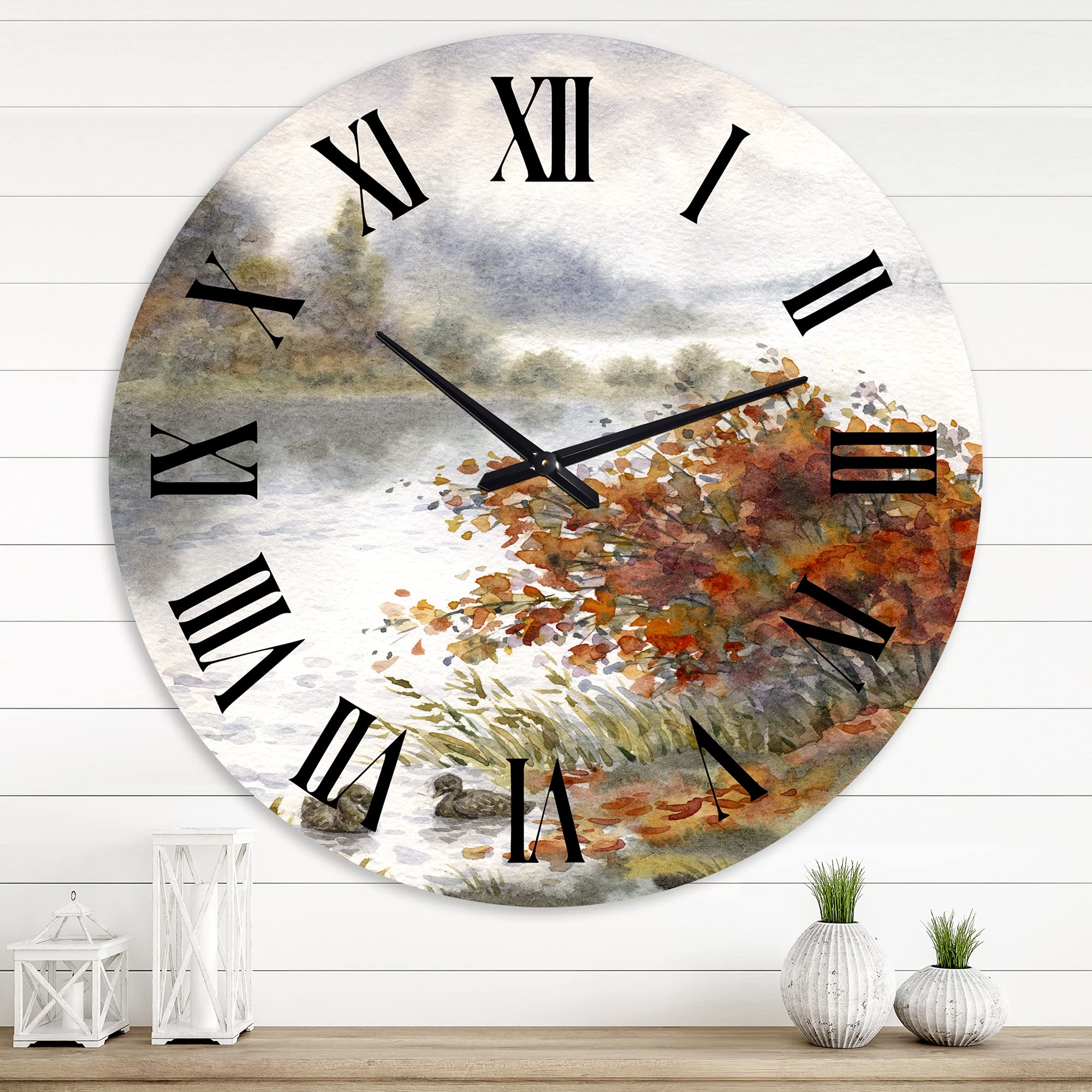 Large Traditional Wall Clock 'View of The Lake in Autumn' - Landscape & Nature Wall Decor for Home, Office, Living Room - Perfect for Rustic, Farmhouse & Vintage Interior Design