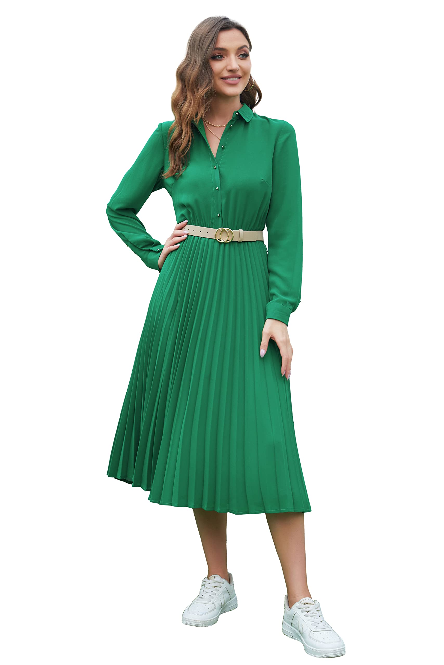 Elegant Women's Business Casual Shirt Dress - Long Sleeve Pleated Midi Dress with Adjustable Belt | Perfect for Office Wear, Business Meetings & Professional Events