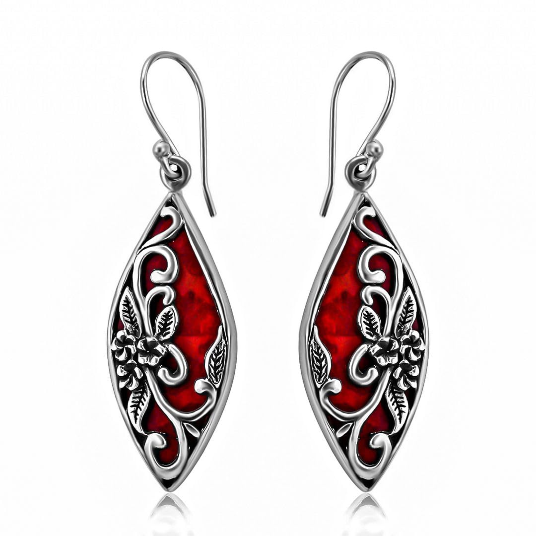 925 Sterling Silver Red Coral Dangle Earrings for Women - Handmade Vintage Boho Drop Earrings with Birthstone | Perfect Birthday Gift, Wedding Accessory & Everyday Boho Jewelry
