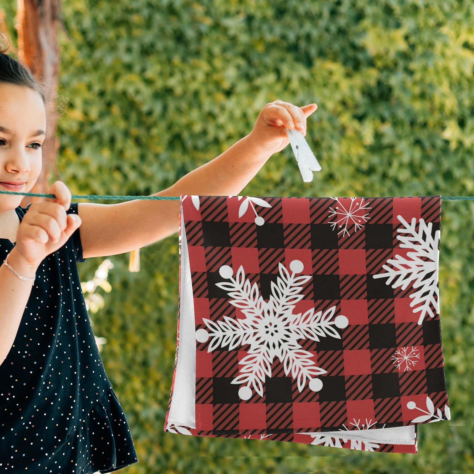 Christmas Snowflakes Red Black Buffalo Plaid Hand Towels Set of 2 - Absorbent Bath & Kitchen Towels 28x14 Inches - Soft Face & Dish Towels for Gym, Bathroom Decor - Perfect for Holiday Gifts & Home Use