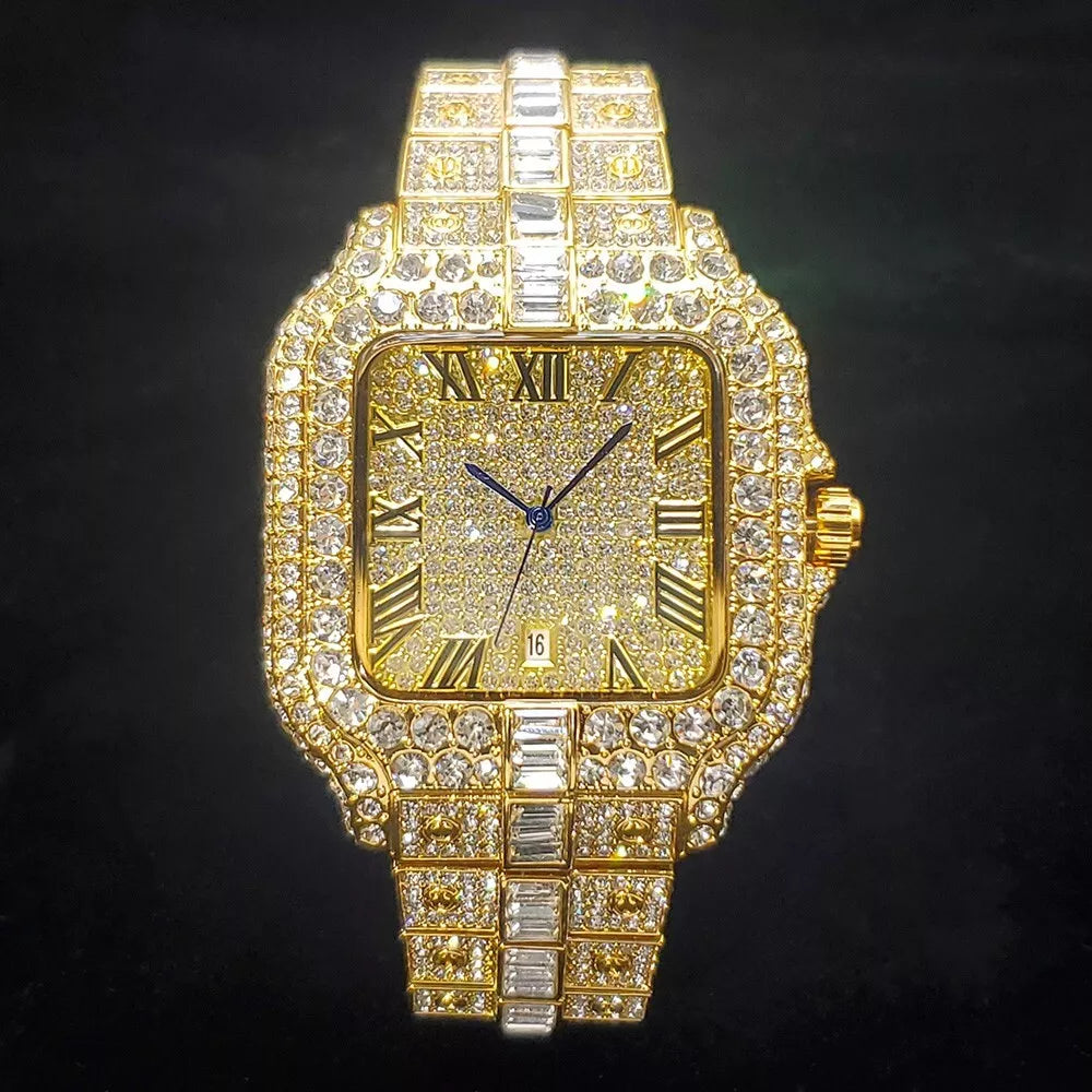 8 Iced Out Diamond Moissanite Gold Watch for Men - Luxury Hip Hop Bling Diamond Watch - Perfect for Parties, Gifts & Special Occasions