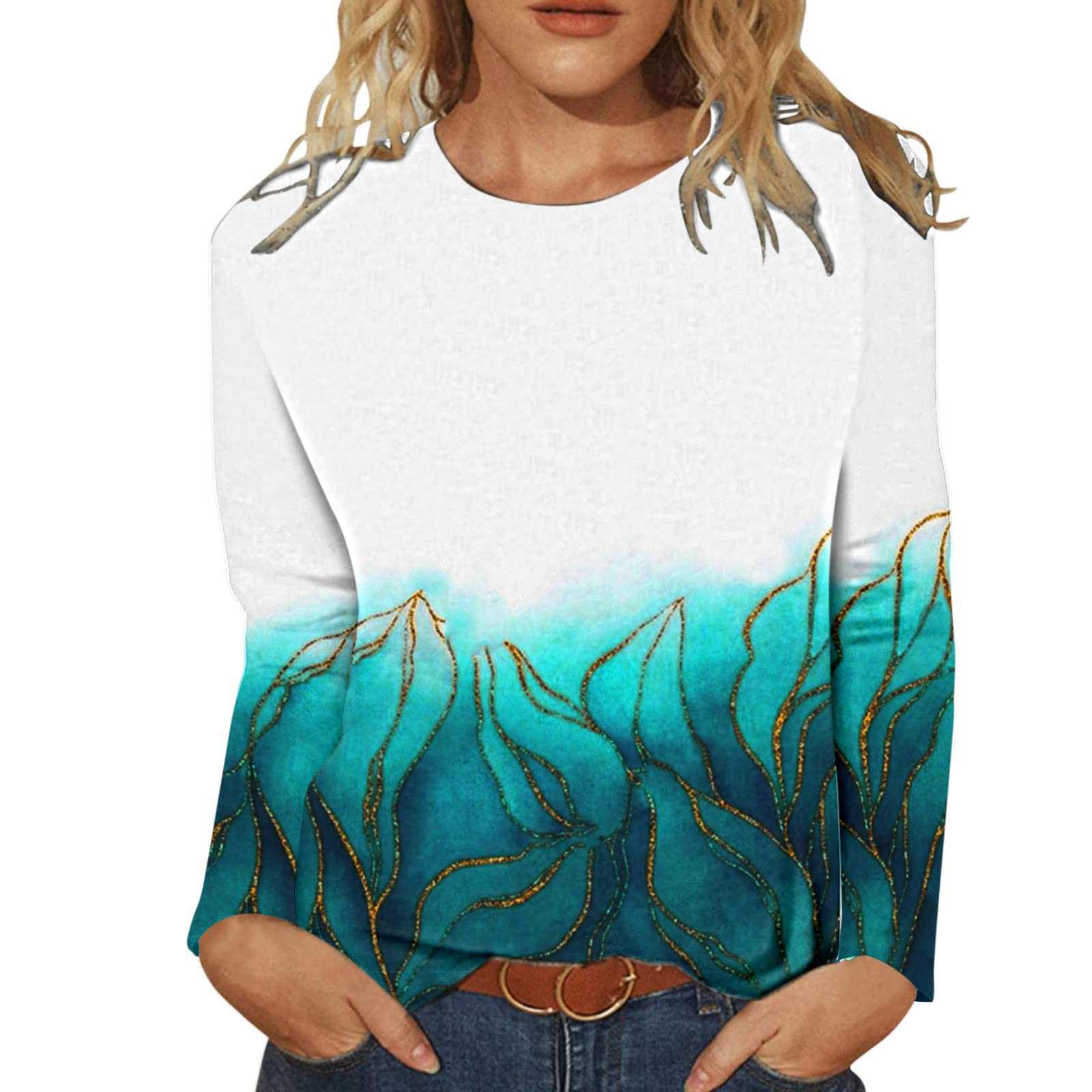 Women's Casual Long Sleeve Gradient Color Crew Neck Loose Fit Blouse T-Shirt Sweatshirt Pullover Top - Comfortable Everyday Wear for Work, Weekend & Layering