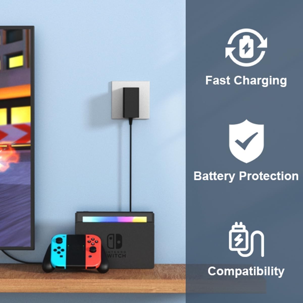 Nintendo Switch Charger 39W AC Adapter with 5FT USB-C Cable - Compatible with Switch, Switch Lite, OLED & Pro Controller (TV Mode Support) - Perfect for Gaming at Home or Travel