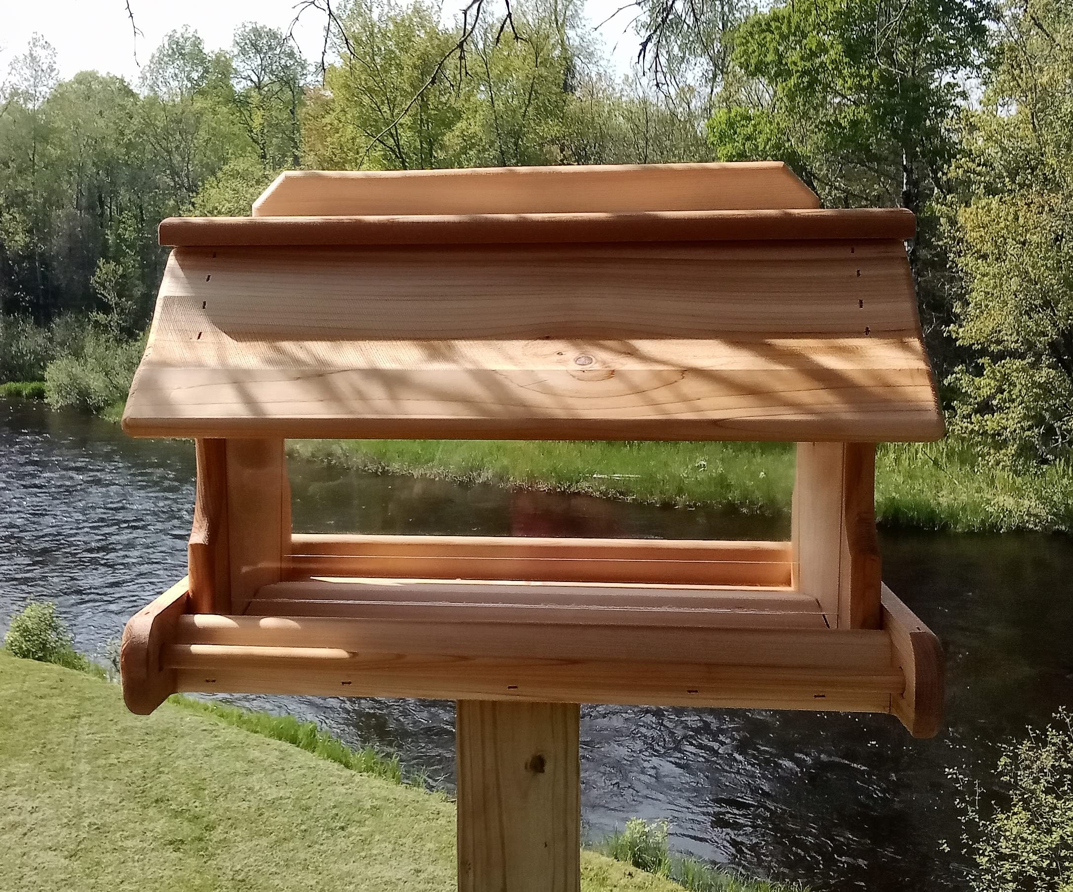 20 Inch Cedar Wood Post Mount Bird Feeder - Durable Outdoor Bird Feeder for Garden, Yard & Backyard - Attracts Cardinals, Finches & Wild Birds