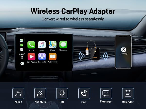 Wireless CarPlay Adapter for iPhone - Bluetooth 5.2 & WiFi 6 - USB Type A & Type C Compatible - Convert Wired CarPlay to Wireless - Perfect for Commuting, Road Trips & Hands-Free Driving