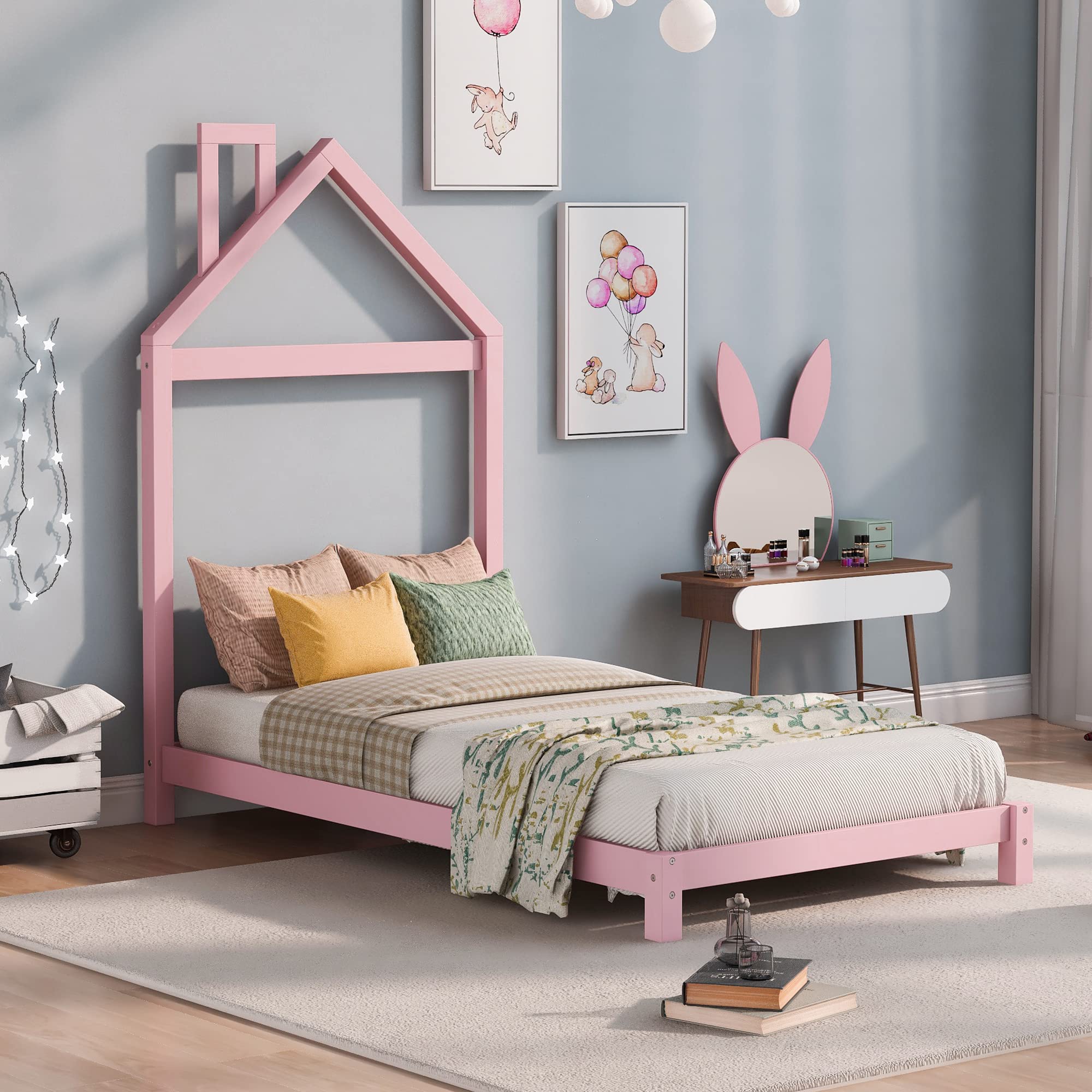 Twin Size Wood Platform Bed Frame with House Shaped Headboard - No Box Spring Needed, Pink - Perfect for Kids Rooms, Guest Bedrooms & Small Spaces
