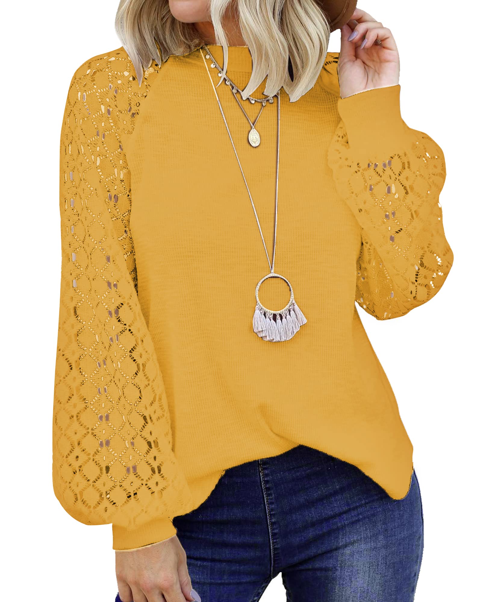 PLOKNRD Women's Long Sleeve T-Shirt - Lace Waffle Knit Casual Blouse, Loose Fit Top for Fall & Winter | Perfect for Office, Date Night & Weekend Outfits