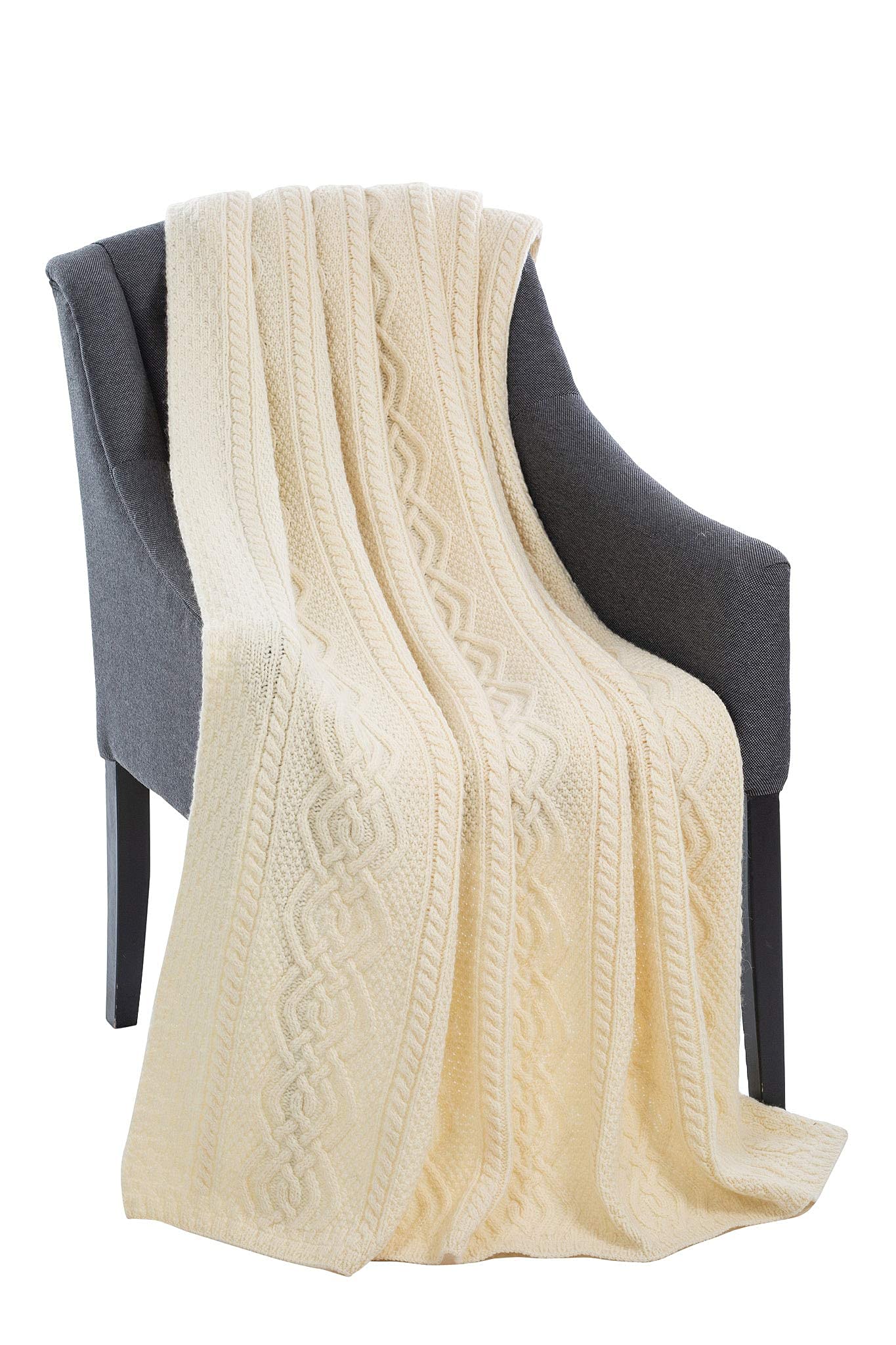 SAOL Luxurious Dara 100% Merino Wool Cable Knit Aran Throw Blanket - Soft Warm Couch Cover & Bed Blanket - Natural Color - 69 x 44 Inches - Perfect for Living Room, Bedroom & Winter Snuggling