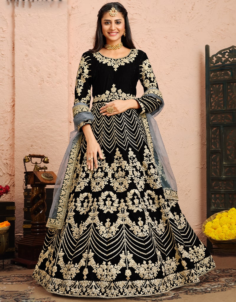 Elegant Black Velvet Anarkali Dress for Women - Traditional Indian Party Wear for Weddings, Festivals & Special Occasions