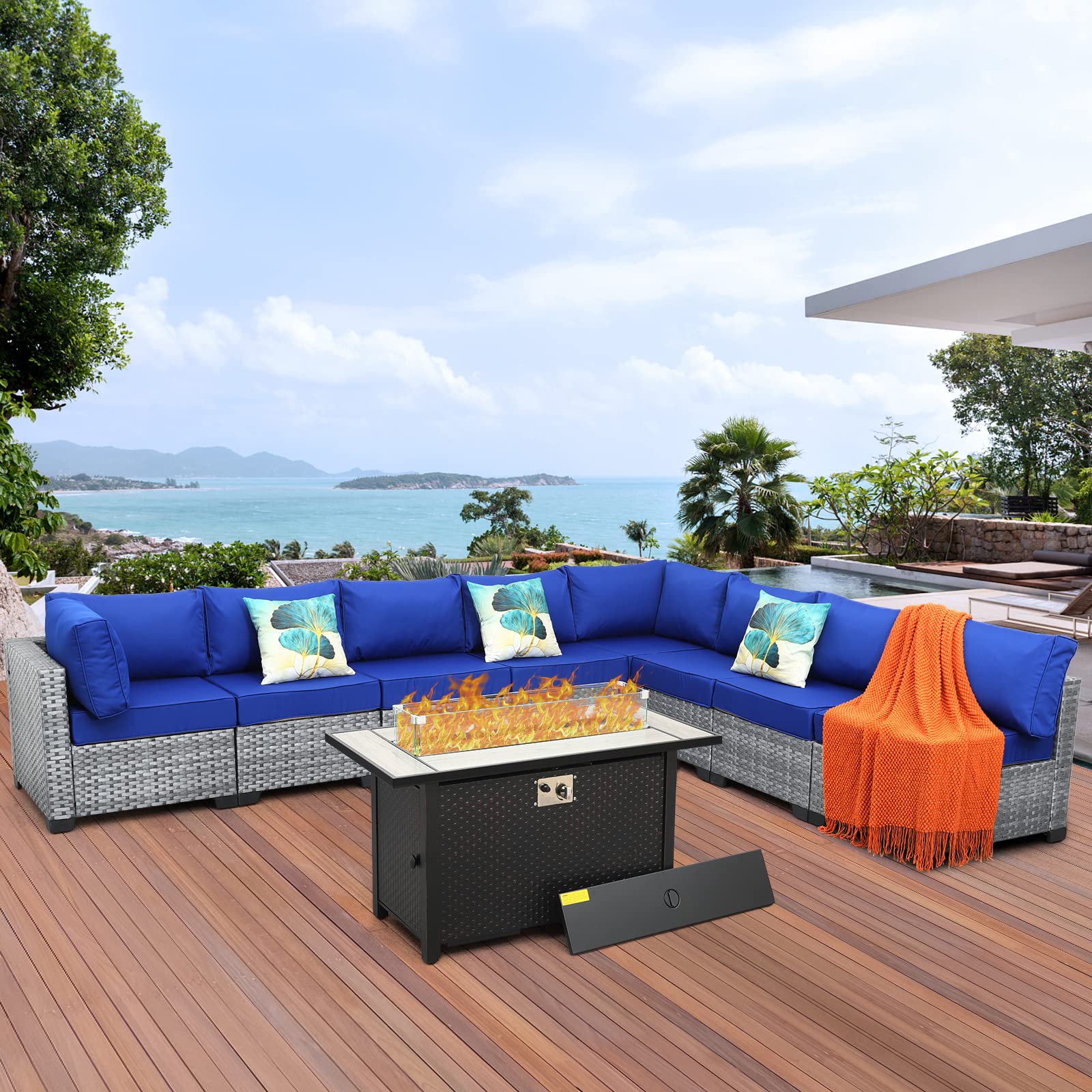 9-Piece Blue Patio Sectional Outdoor Furniture Set with 45-Inch 60,000 BTU Steel Propane Fire Pit Table, Glass Wind Guard, Non-Slip 5