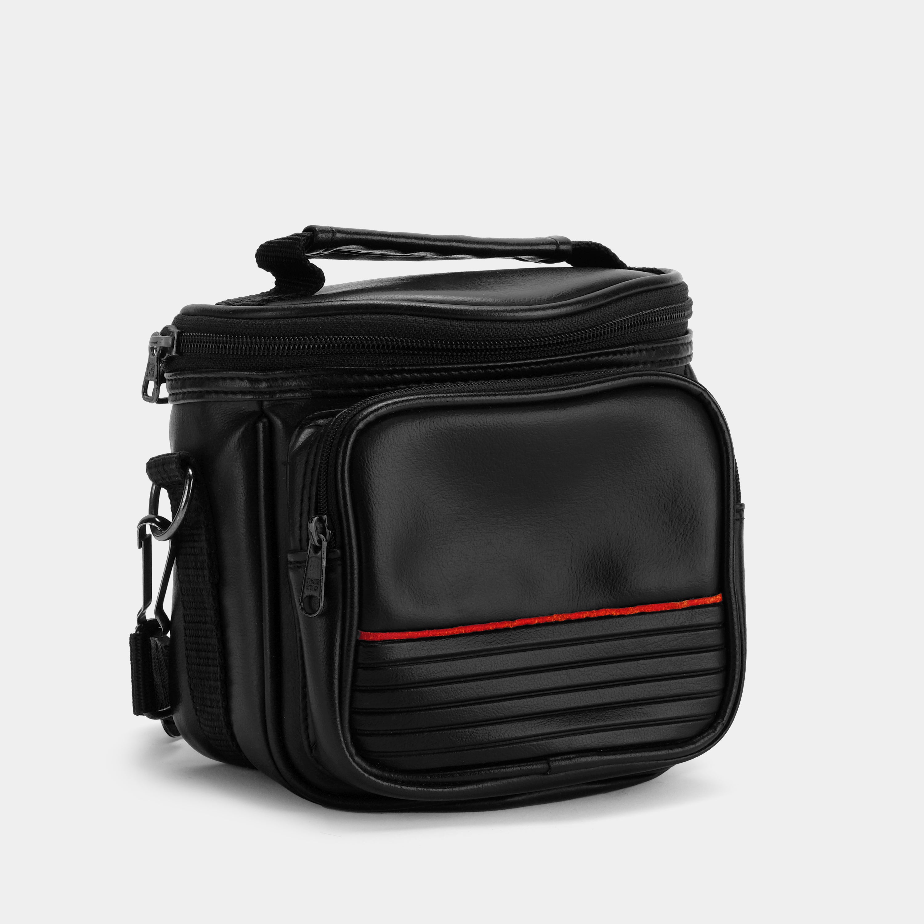 Premium Black Leather Camera Bag with Red Stripe - Waterproof DSLR/SLR Shoulder Bag for Photographers, Travel & Outdoor Photography Gear Accessories