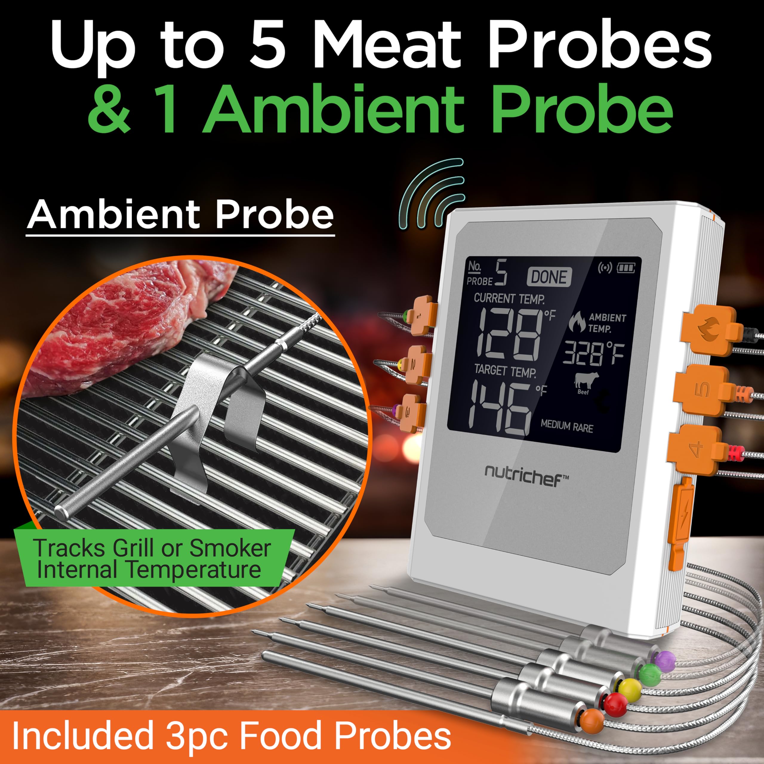 Nutrichef Wireless Meat Thermometer with 2 Stainless Steel Probes - Bluetooth & WiFi Smartphone App for Food Temp Monitoring, Remote Alerts & Digital Display - Perfect for Grilling, BBQ Smoking, Oven Roasting & Sous Vide Cooking