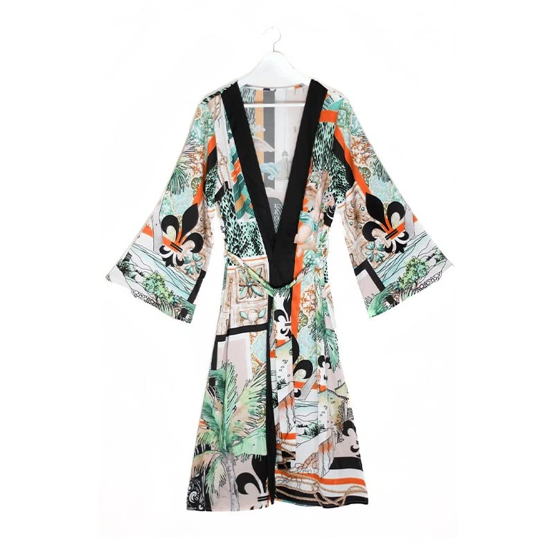 Printed Long Kimono Plus Size Front Open Belted Dress - Women's Summer Beach Cover Up, Swimwear Cover, Boho Maxi Dress for Beach, Pool, Vacation & Outdoor Events (Color: A, Size: One Size)