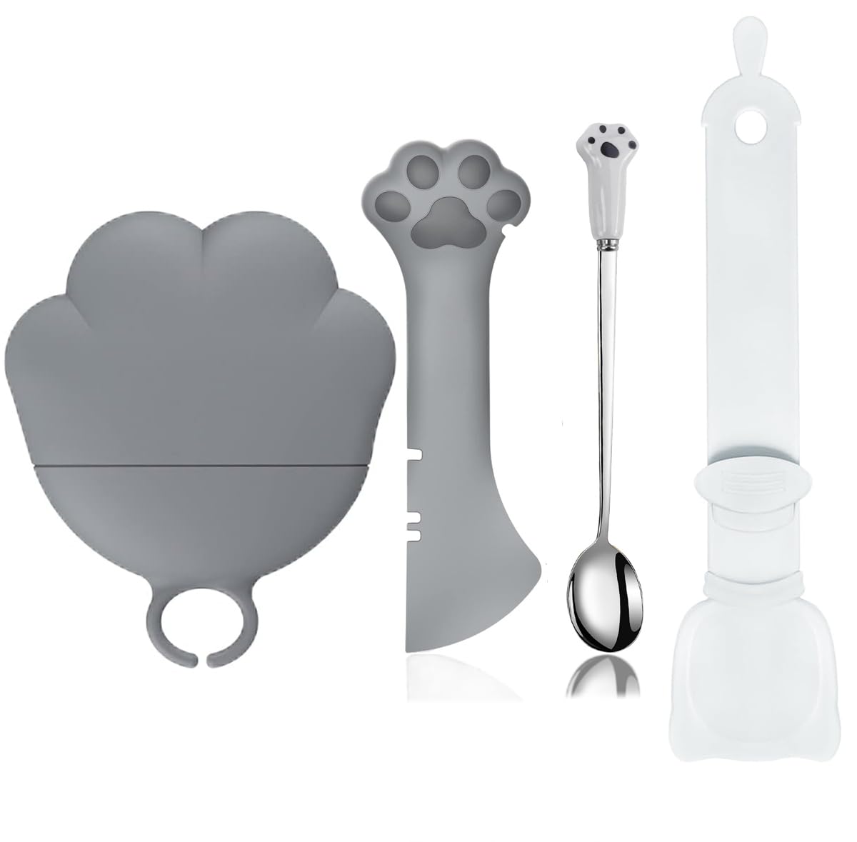 **Paw Print Silicone Pet Can Lids & Spoons Set - Airtight Wet Food Covers for Dog & Cat Cans, Can Opener & Food Spatula for Easy Feeding - Perfect for Wet Food, Lickable Treats & Travel Use (Grey)**