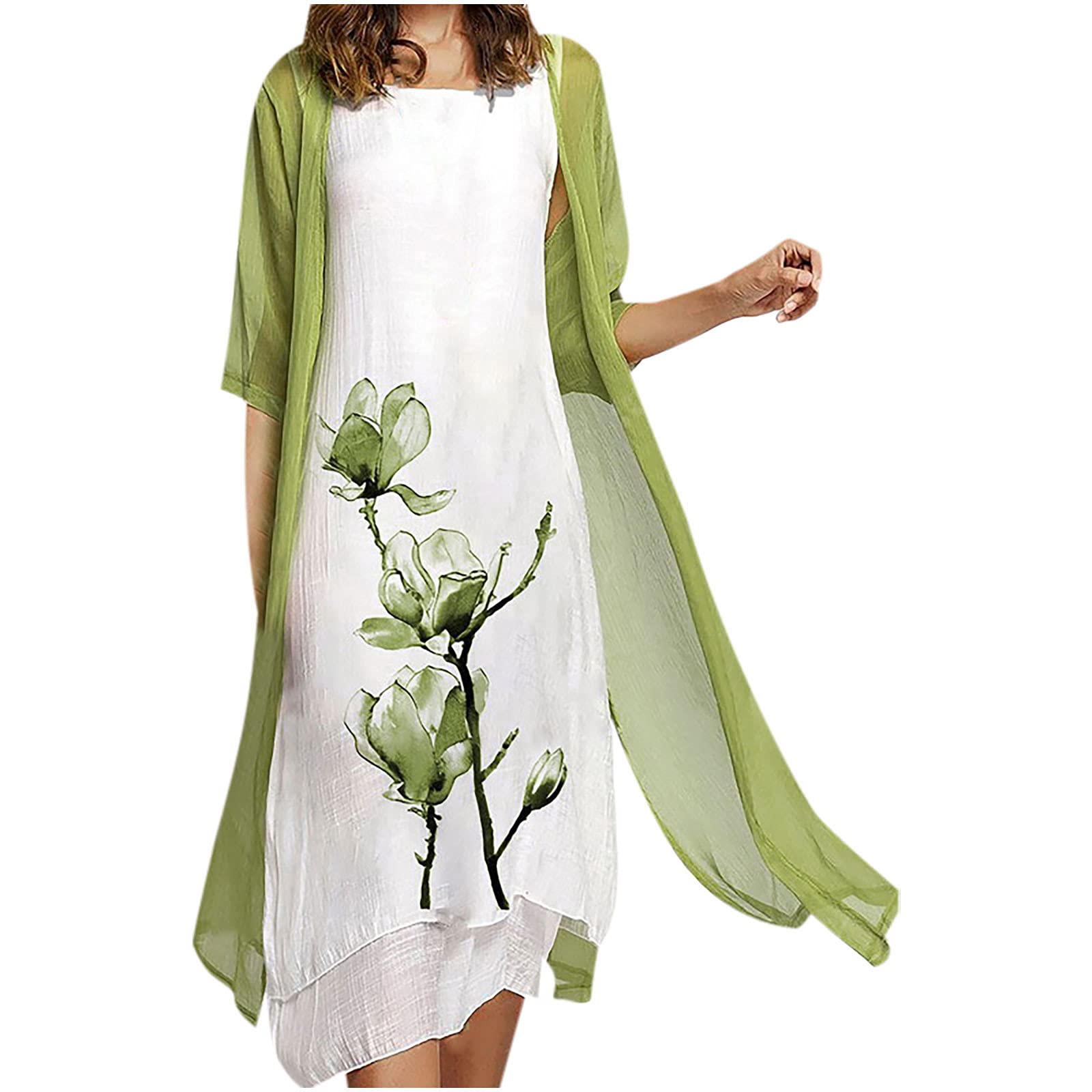 Sexy Floral Chiffon Two-Piece Summer Dress for Women - Plus Size Crewneck Long Sleeve Sundress | Perfect for Wedding Guest, Beach Vacation & Casual Outings