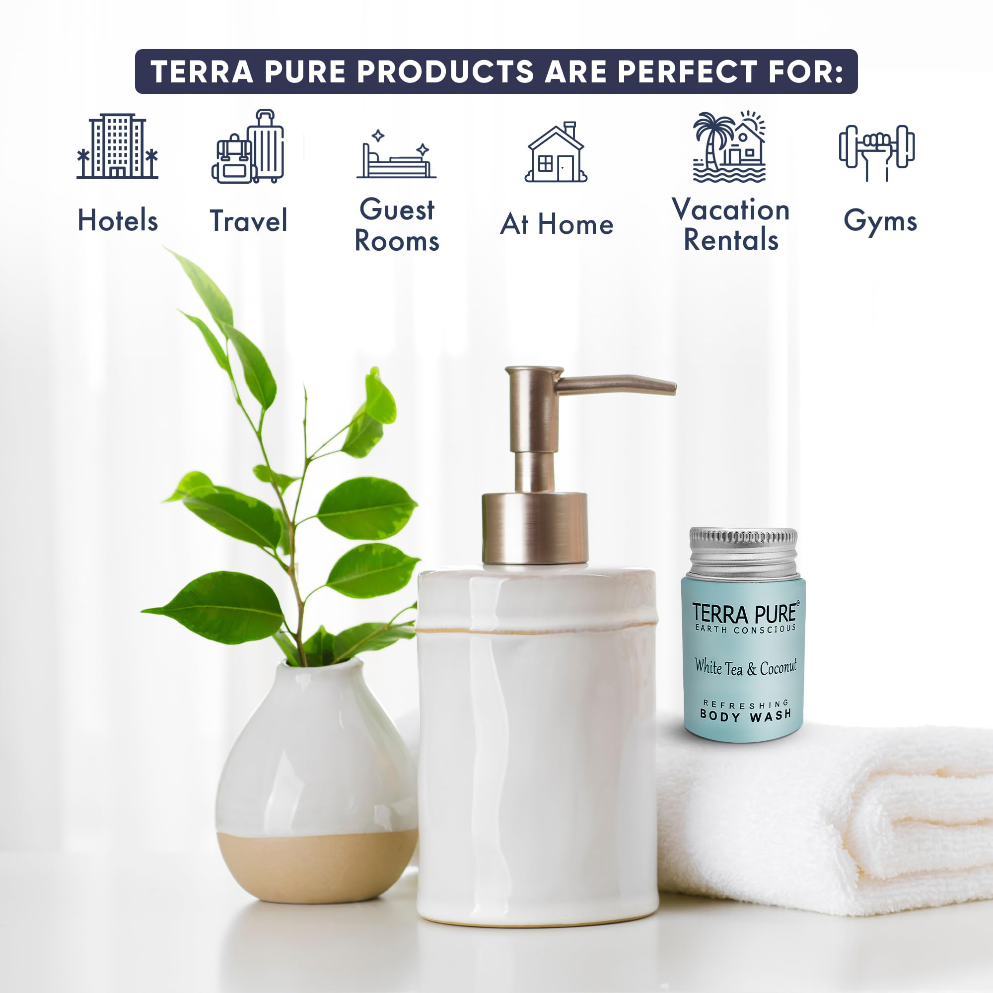 Terra Pure White Tea & Coconut Body Wash - Travel Size (1 oz) | Bulk Pack of 300 | Hotel Amenities & Sample Sizes for Travel, Gyms & Hospitality Use