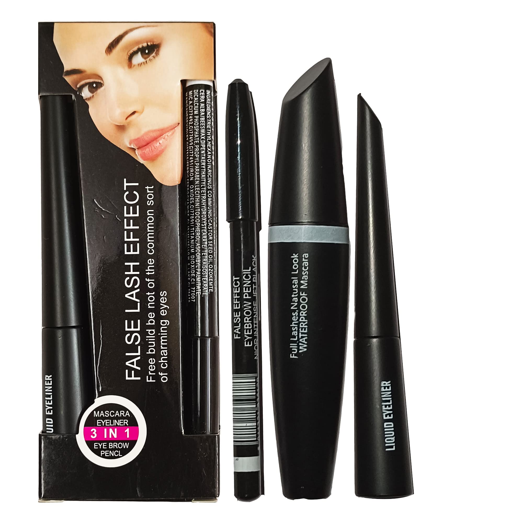 Huda Beauty Waterproof Long-Lasting Mascara, Liquid Eyeliner & Eyebrow Pencil Set (3-in-1 Black) - Perfect for Day to Night Makeup, Parties & Special Occasions