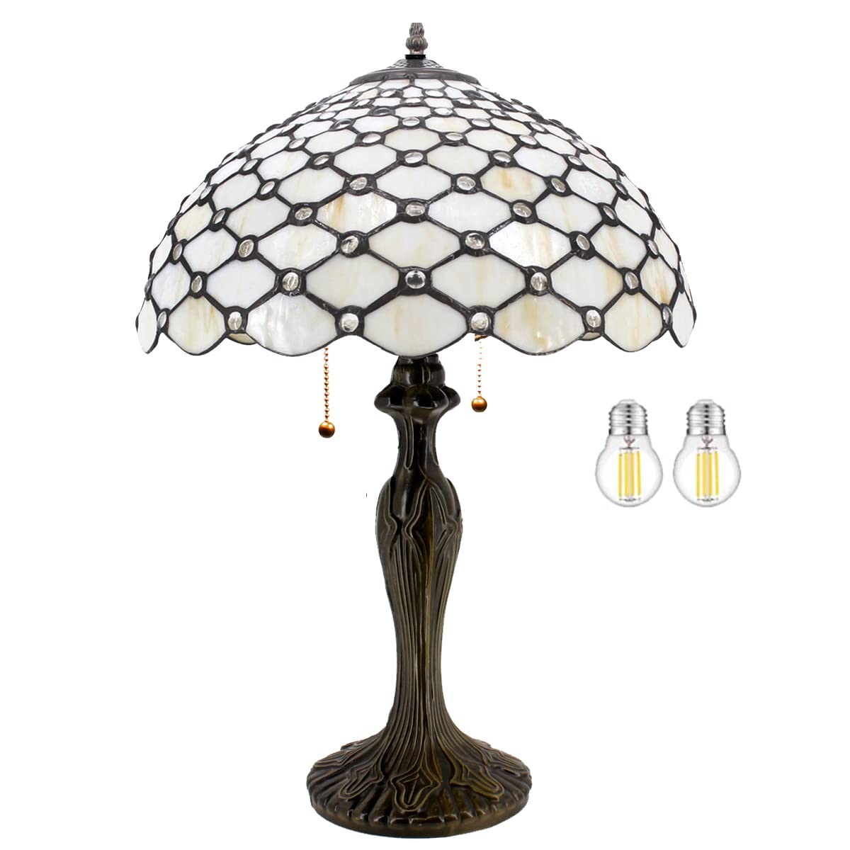 Tiffany Style Stained Glass Table Lamp - 16x16x24 Inch Cream Pearl Beaded Desk Light with Metal Base for Bedroom, Living Room & Home Office | Vintage Reading Lamp for Cozy Home Decor (S005 Series)