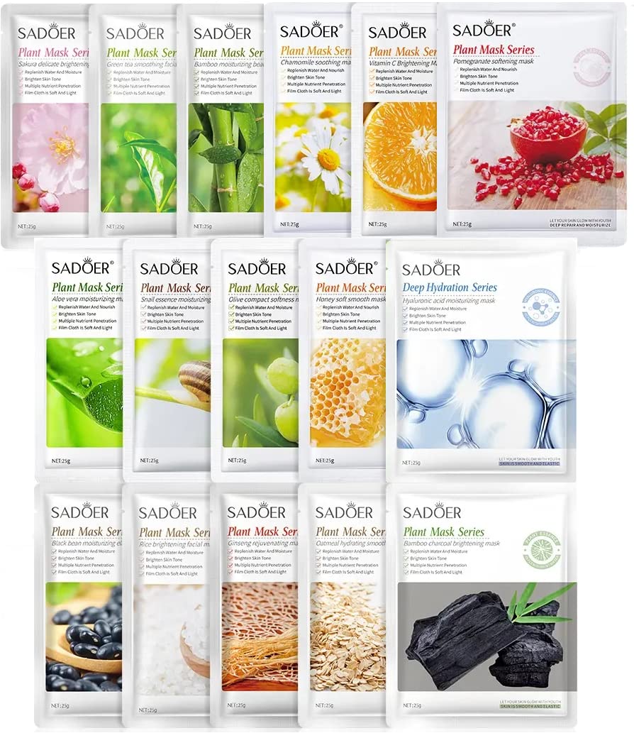 Organic Castor Oil Face Mask with Fruit Extracts - 16 Sheet Multipack | Hyaluronic Acid Moisturizing & Skin Repair Facial Mask Sheets | Plant-Based Skincare for Dry Skin, Acne & Anti-Aging | Perfect for Night Routine, Spa Day & Travel