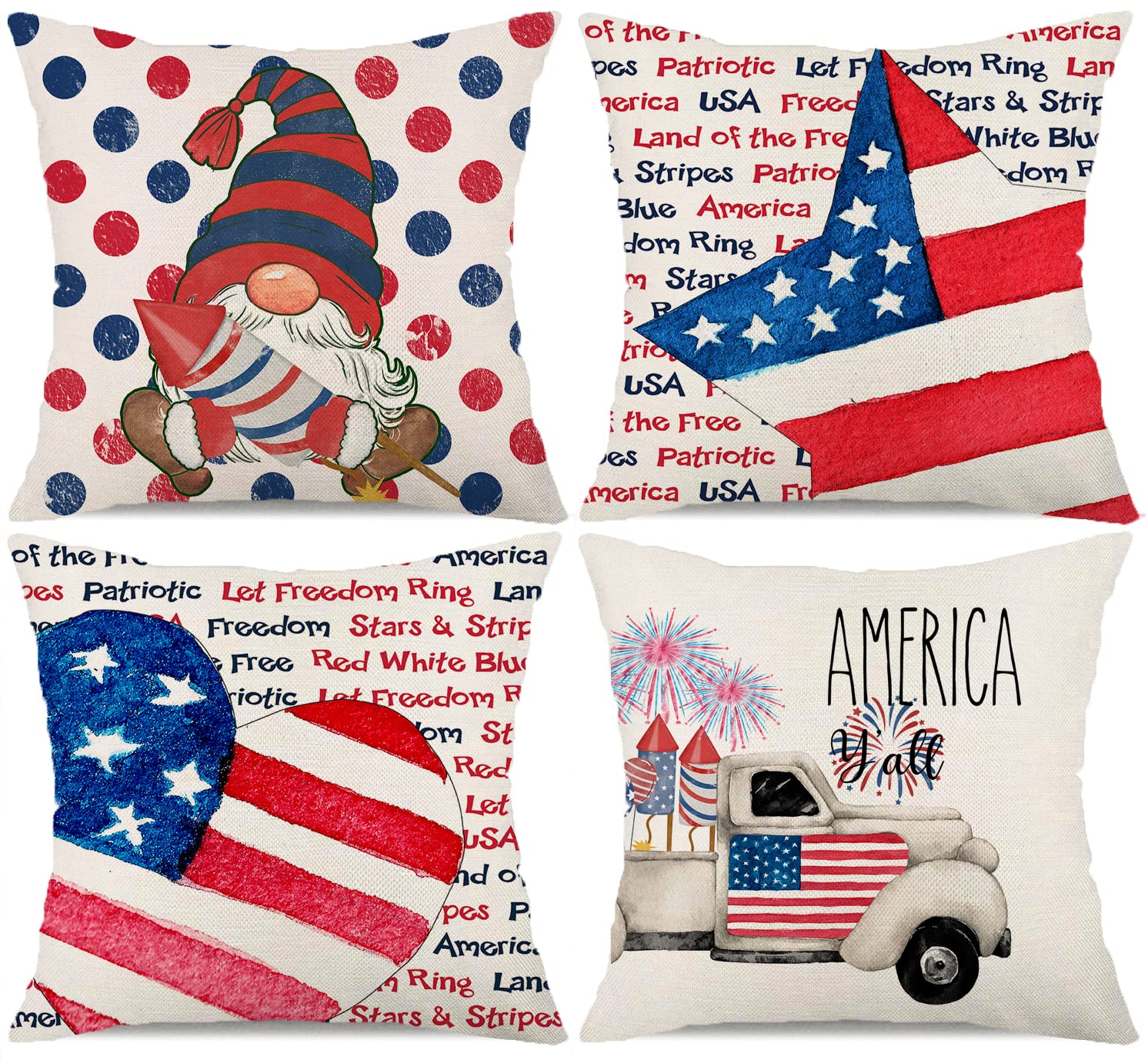 **Patriotic Pillow Covers 18x18 Inch - 4th of July, Independence Day, Memorial Day Decor - Stars and Stripes Freedom Gnome Cushion Cases for Sofa, Bed, or Porch - Set of 4 (Heart, Star, Gnome Design)**